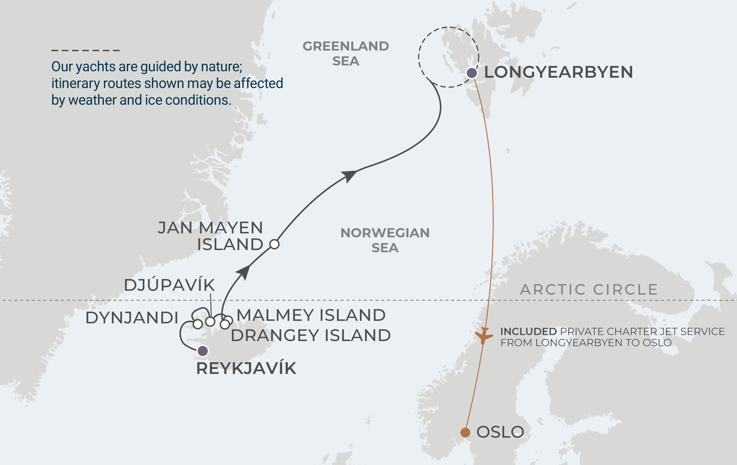 World Navigator Voyage WNA280627 June 27-July 8, 2028 itinerary route map from Reykjavík, Iceland to Longyearbyen (Svalbard), Norway