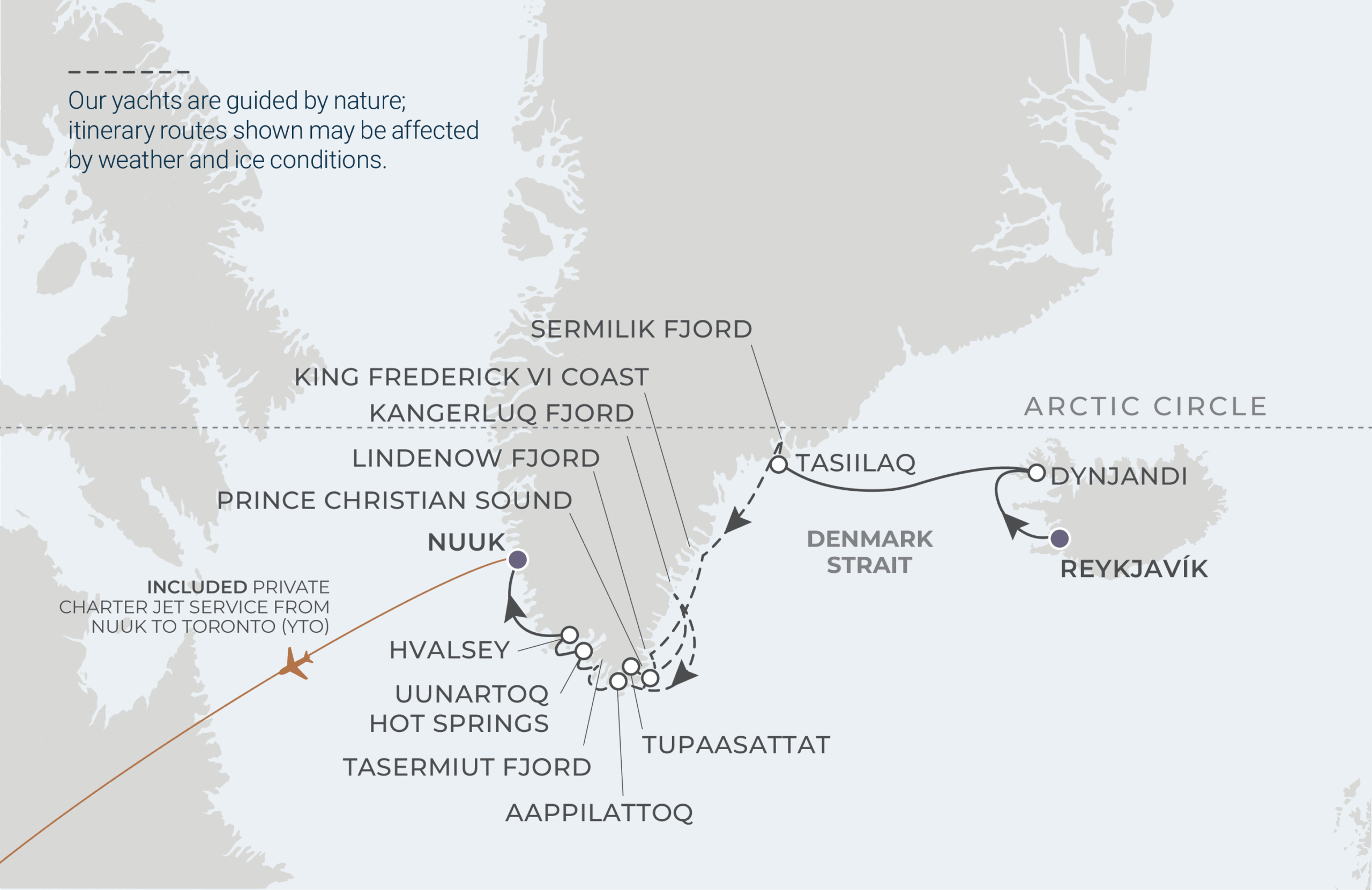 World Navigator Voyage WNA280719 July 19-29, 2028 itinerary route map from Reykjavík, Iceland to Nuuk, Greenland