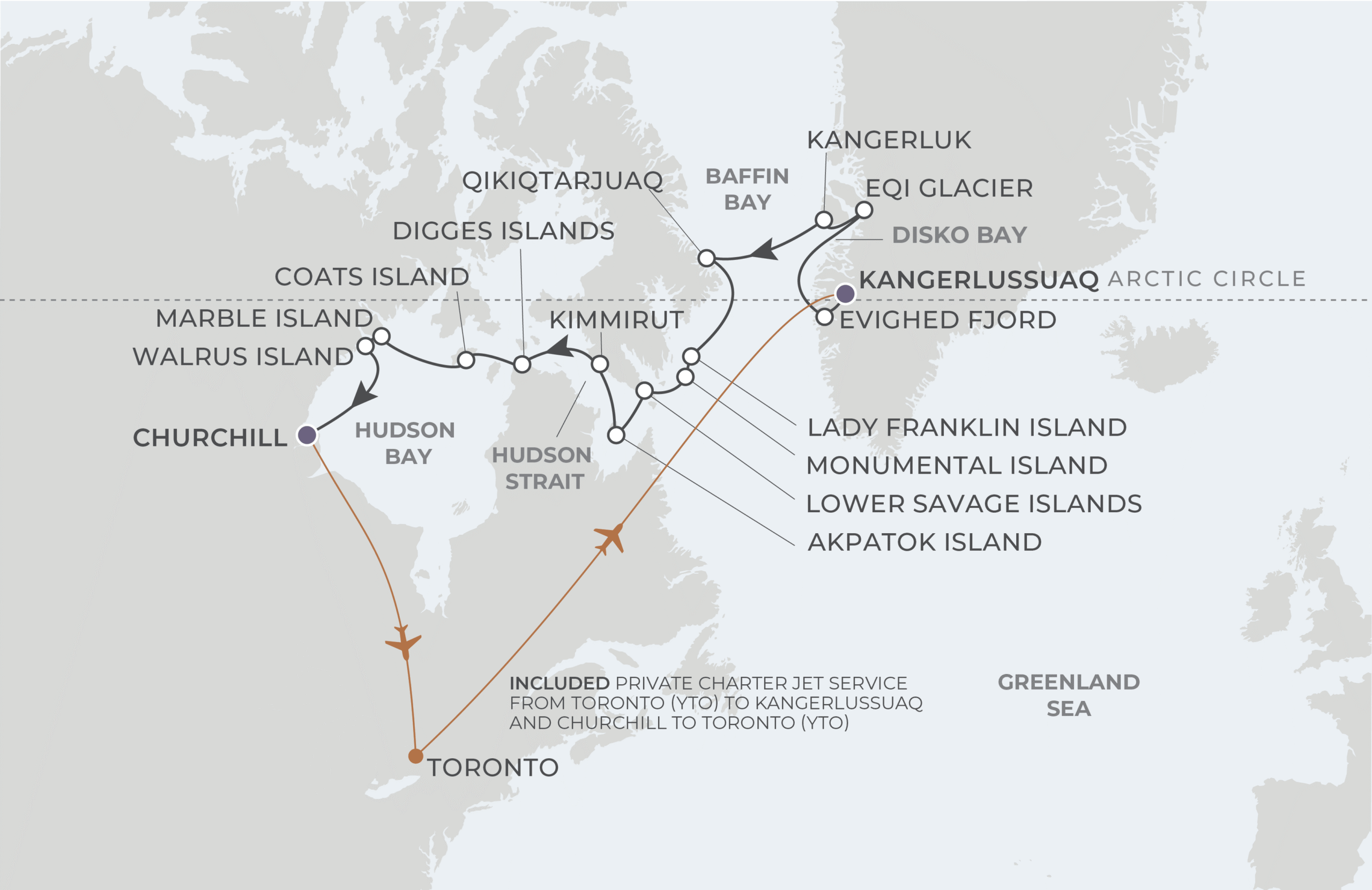 World Navigator Voyage WNA280729 July 29-August 14, 2028 itinerary route map from Kangerlussuaq, Greenland to Churchill, Manitoba, Canada