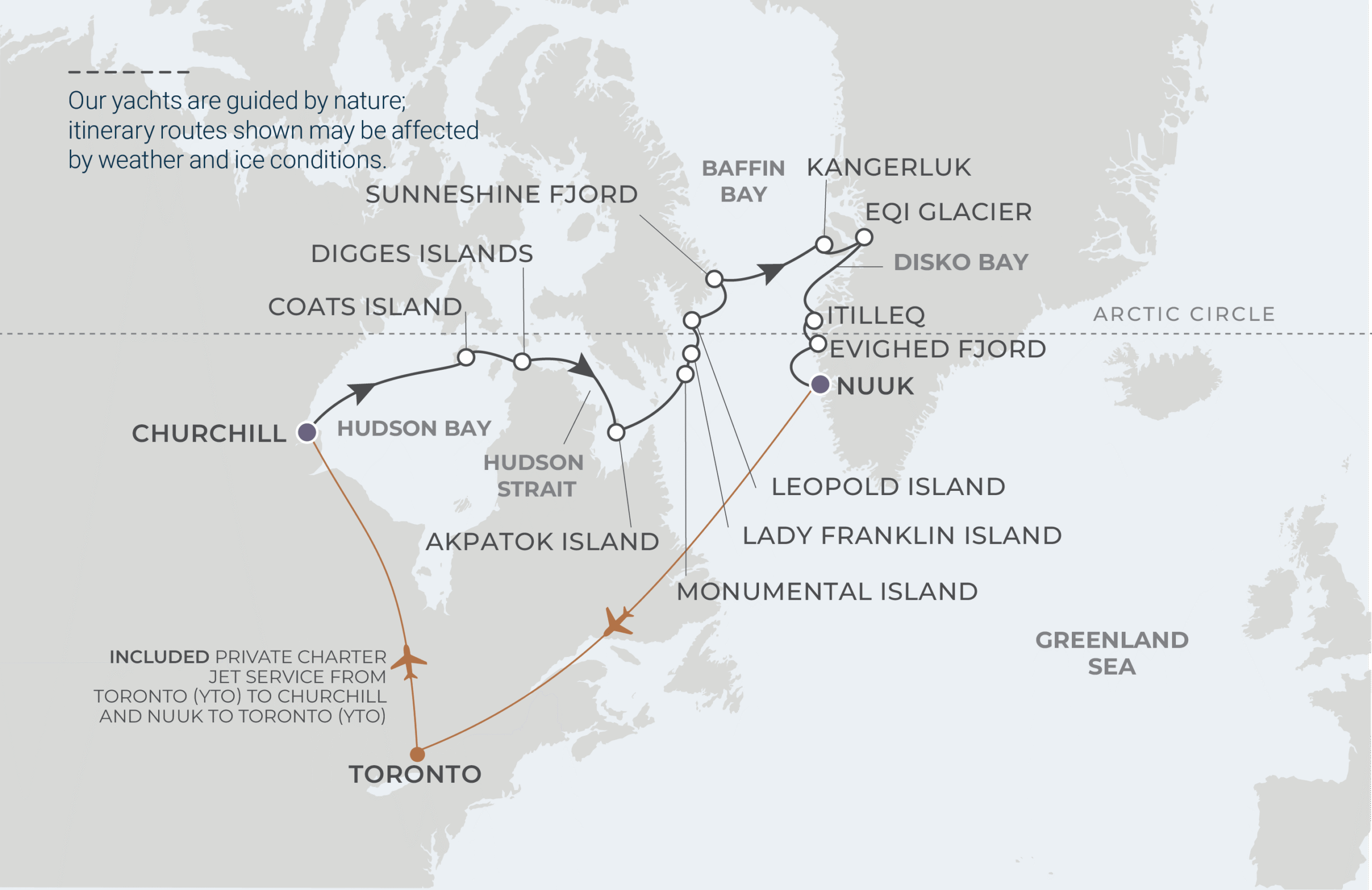 World Navigator Voyage WNA280814 August 14-28, 2028 itinerary route map from Churchill, Manitoba, Canada to Nuuk, Greenland