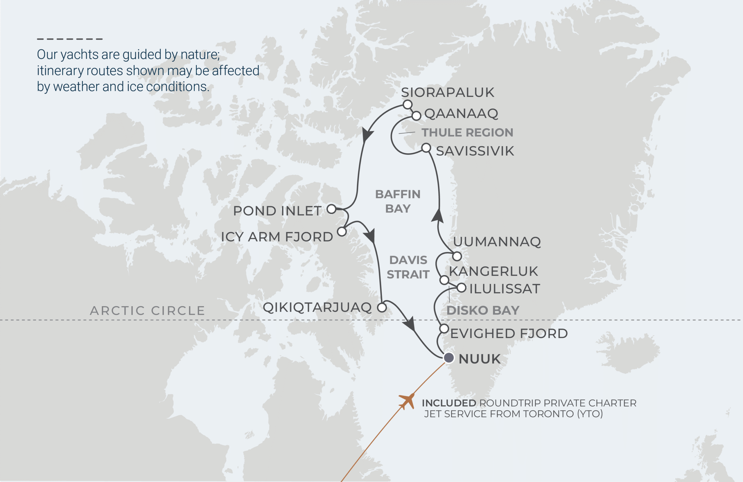 World Navigator Voyage WNA280828 August 28-September 12, 2028 itinerary route map from Nuuk, Greenland to Nuuk, Greenland