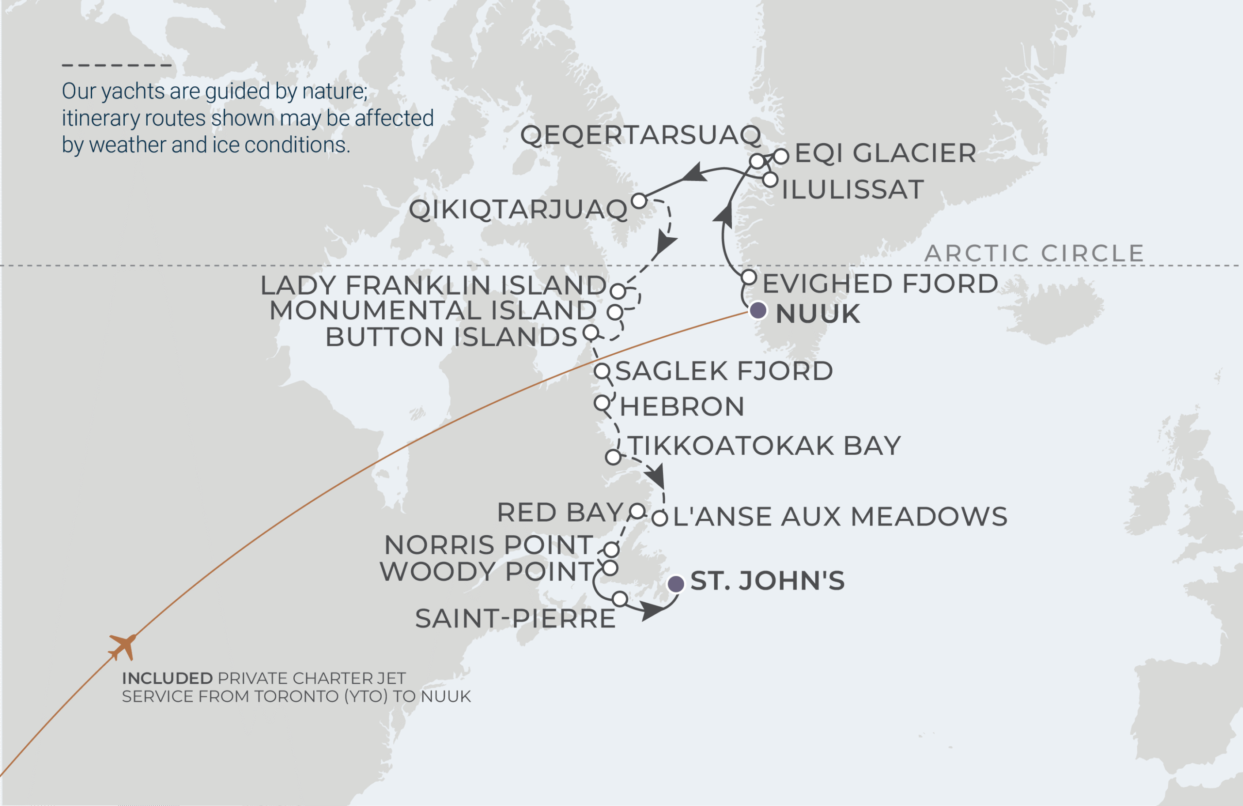 World Navigator Voyage WNA280912 September 12-29, 2028 itinerary route map from Nuuk, Greenland to St. John’s, Newfoundland, Canada