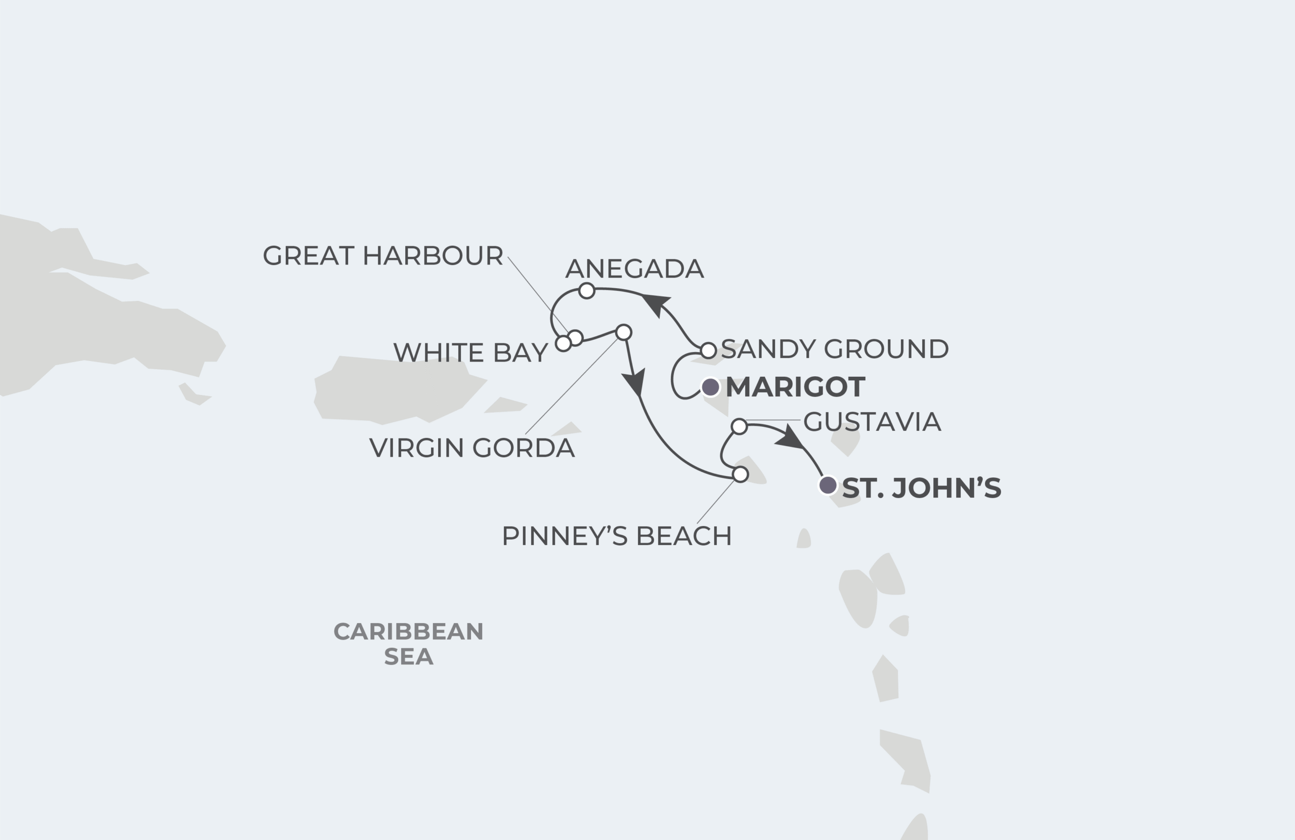 World Navigator Voyage WNA281005 October 5-13, 2028 itinerary route map from Marigot, Saint Martin, FWI to St. John’s, Antigua