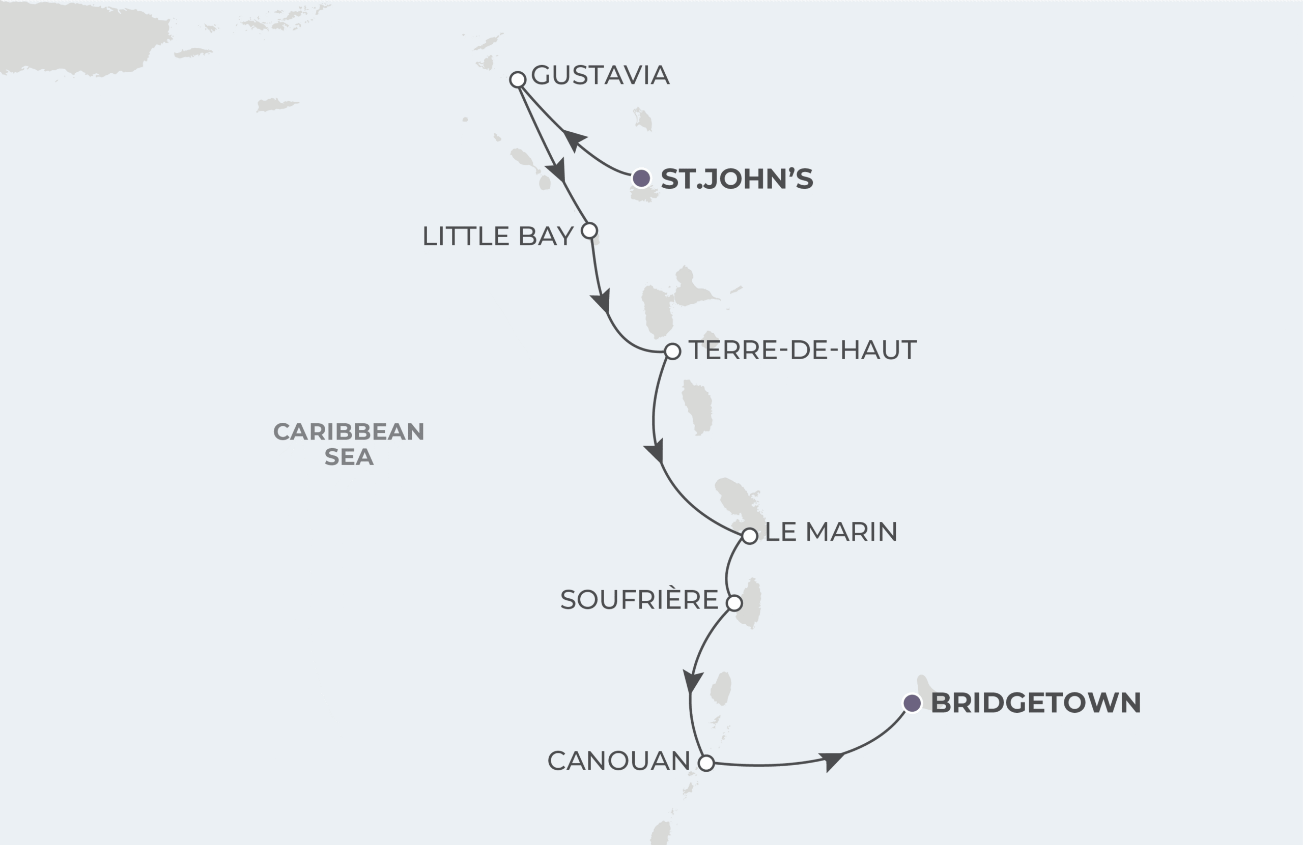 World Navigator Voyage WNA281013 October 13-20, 2028 itinerary route map from St. John’s, Antigua to Bridgetown, Barbados