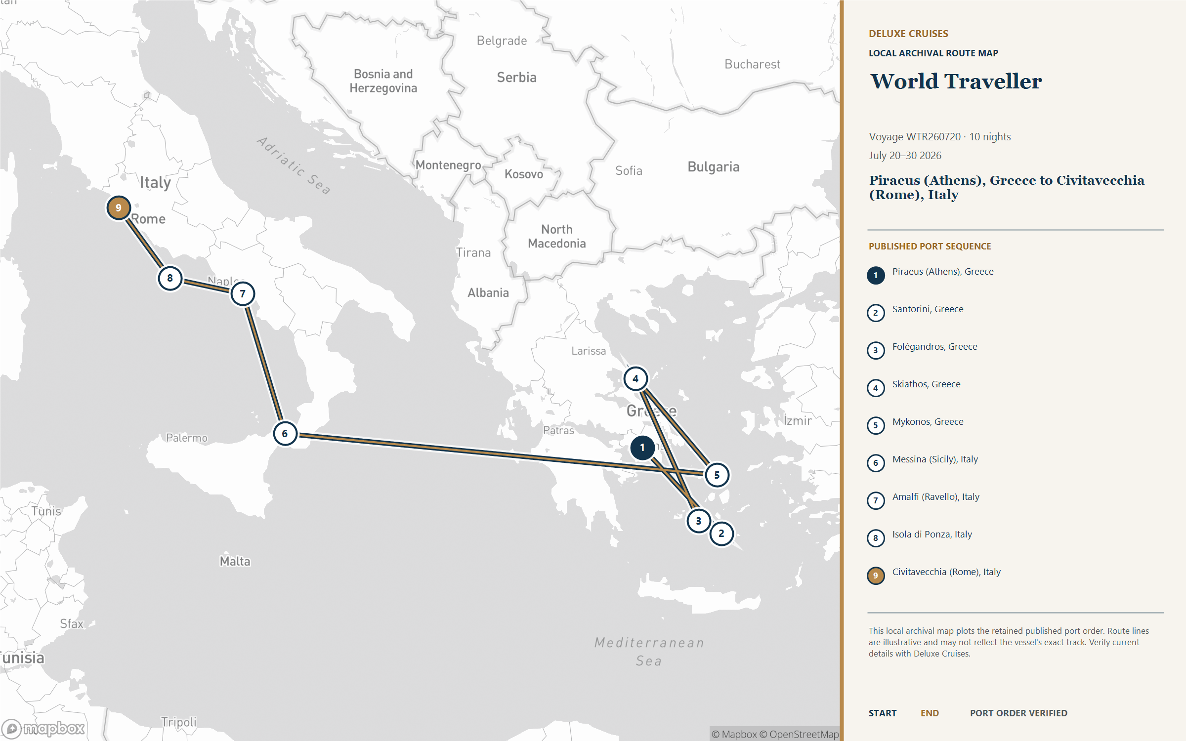 World Traveller Voyage WTR260720 July 20-30, 2026 itinerary route map from Piraeus (Athens), Greece to Civitavecchia (Rome), Italy
