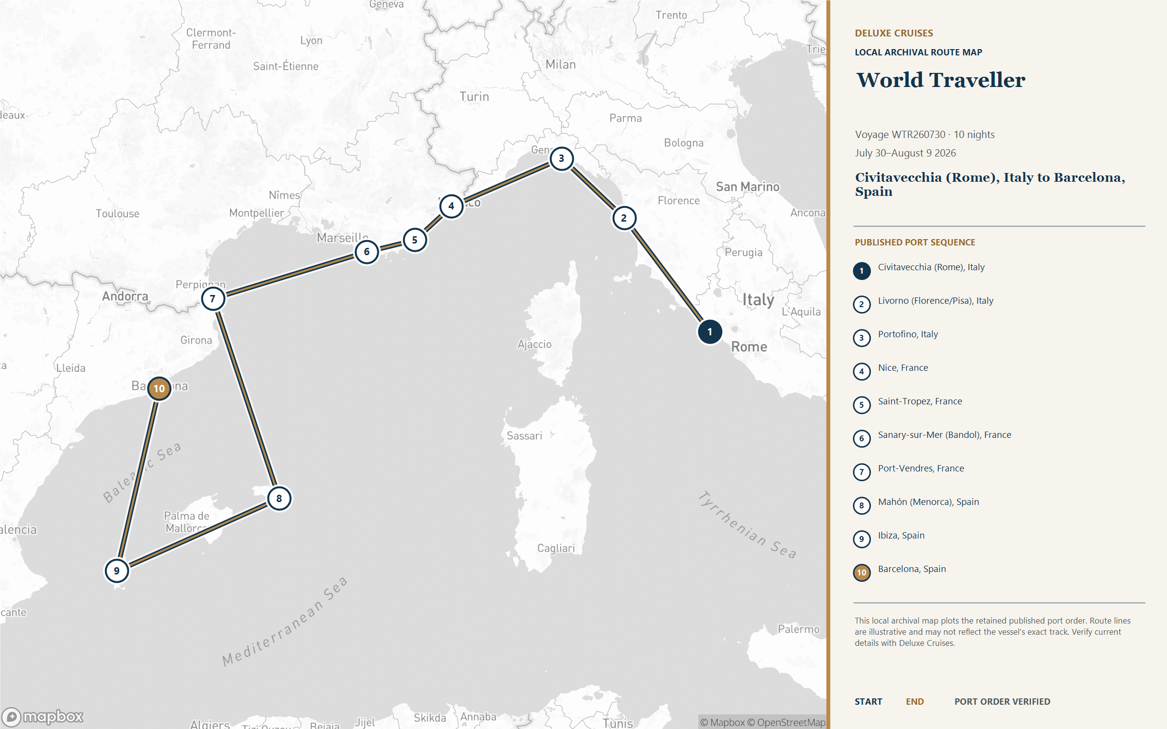 World Traveller Voyage WTR260730 July 30-August 9, 2026 itinerary route map from Civitavecchia (Rome), Italy to Barcelona, Spain