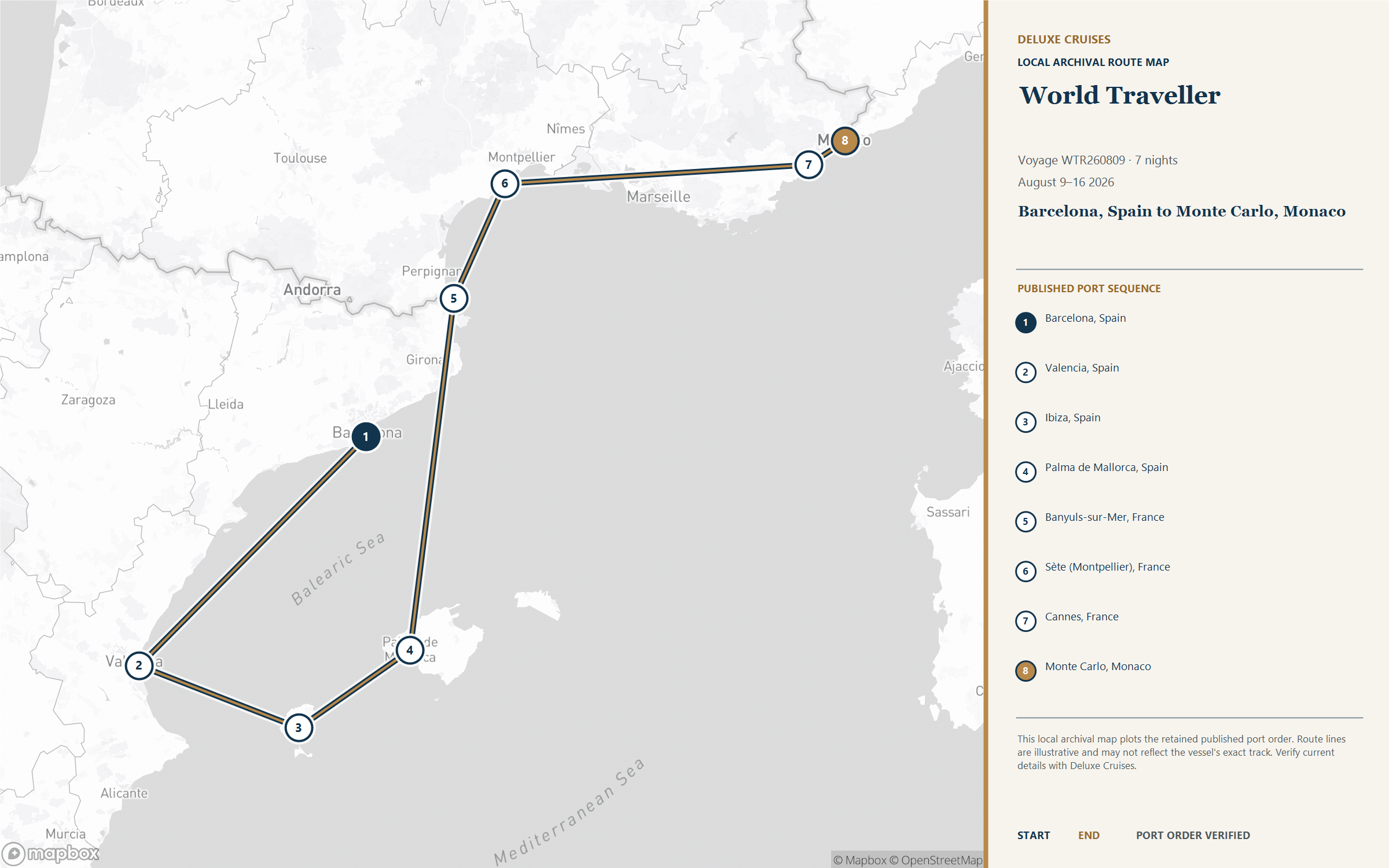 World Traveller Voyage WTR260809 August 9-16, 2026 itinerary route map from Barcelona, Spain to Monte Carlo, Monaco