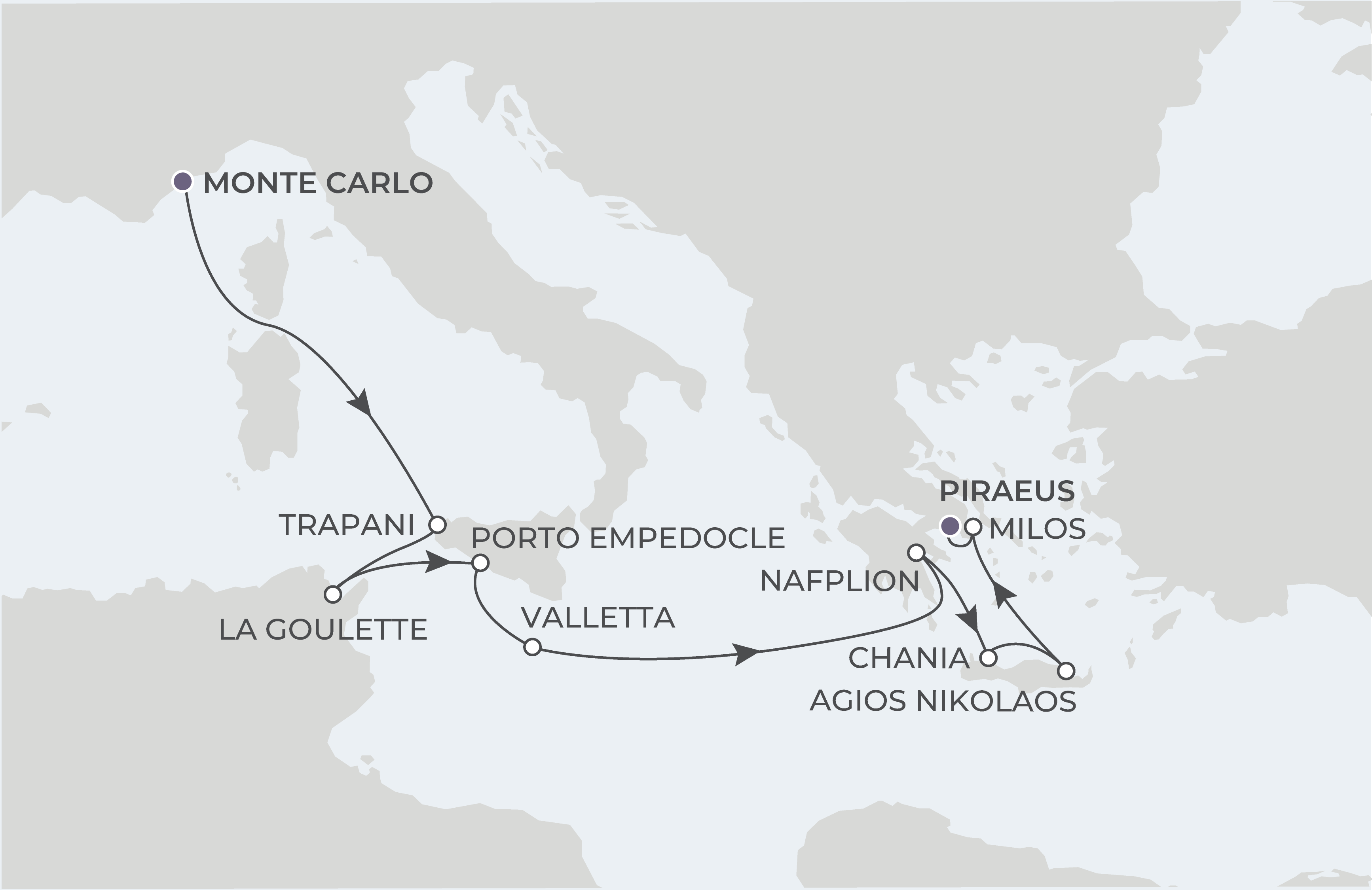 World Traveller Voyage WTR260816 August 16-27, 2026 itinerary route map from Monte Carlo, Monaco to Piraeus (Athens), Greece