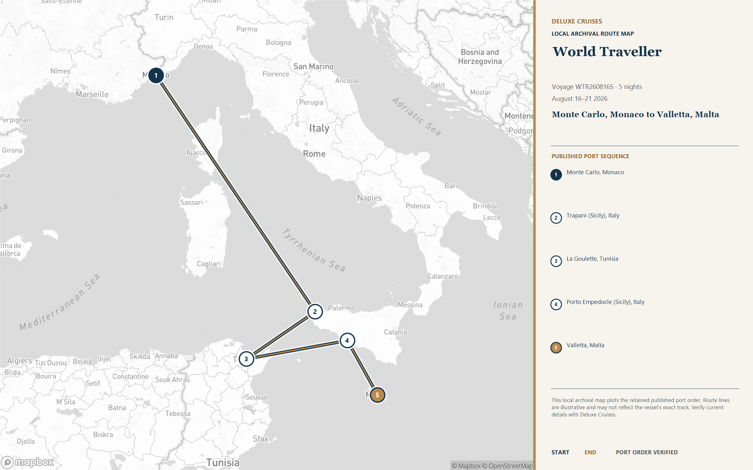 World Traveller Voyage WTR260816S August 16-21, 2026 itinerary route map from Monte Carlo, Monaco to Valletta, Malta