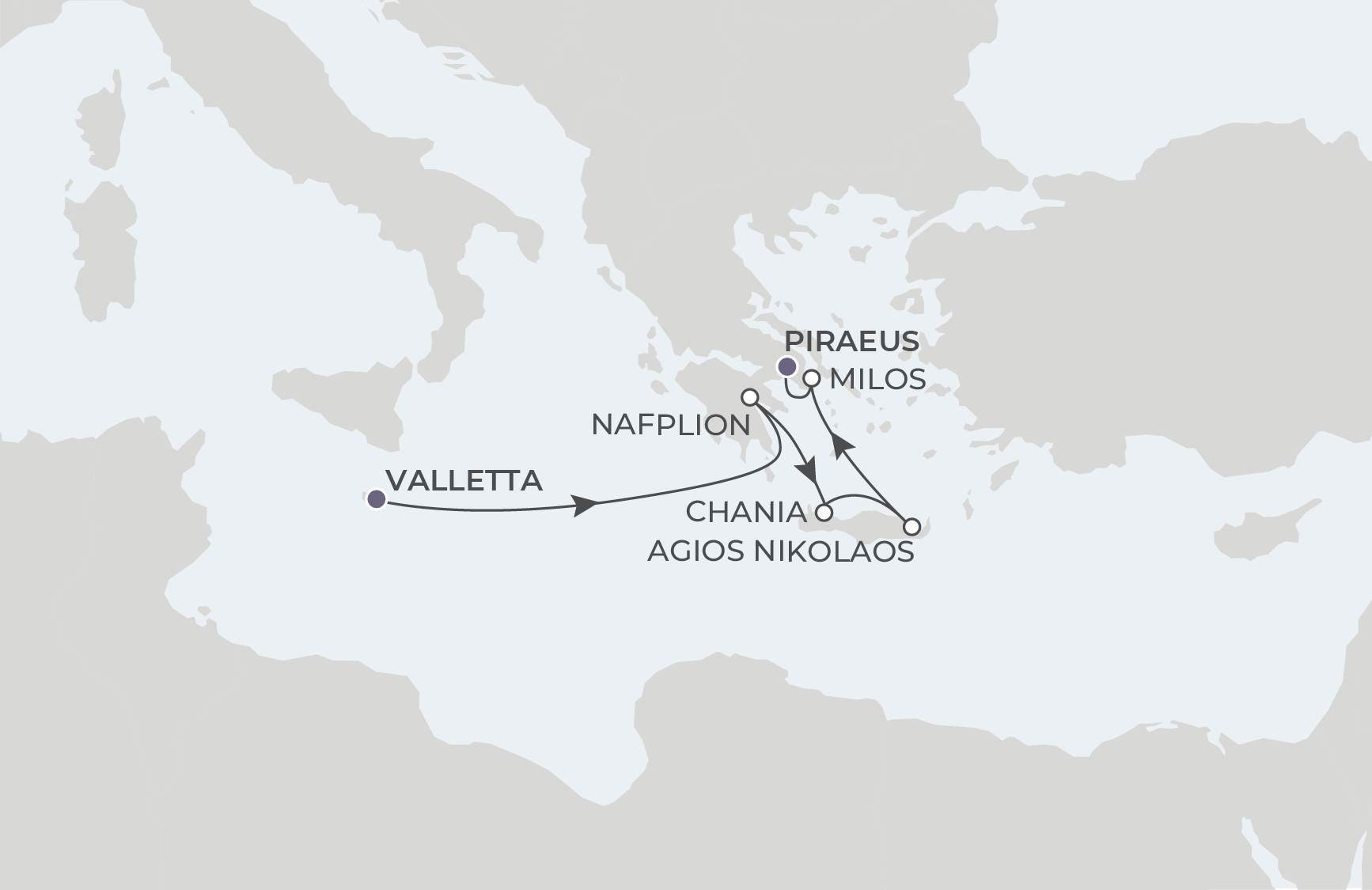 World Traveller Voyage WTR260821S August 21-27, 2026 itinerary route map from Valletta, Malta to Piraeus (Athens), Greece