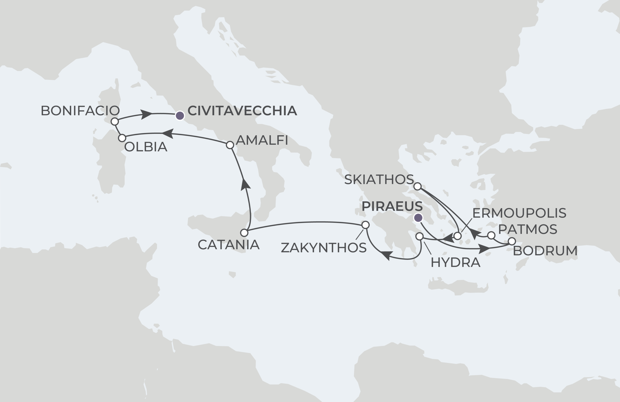 World Traveller Voyage WTR260827 August 27-September 9, 2026 itinerary route map from Piraeus (Athens), Greece to Civitavecchia (Rome), Italy