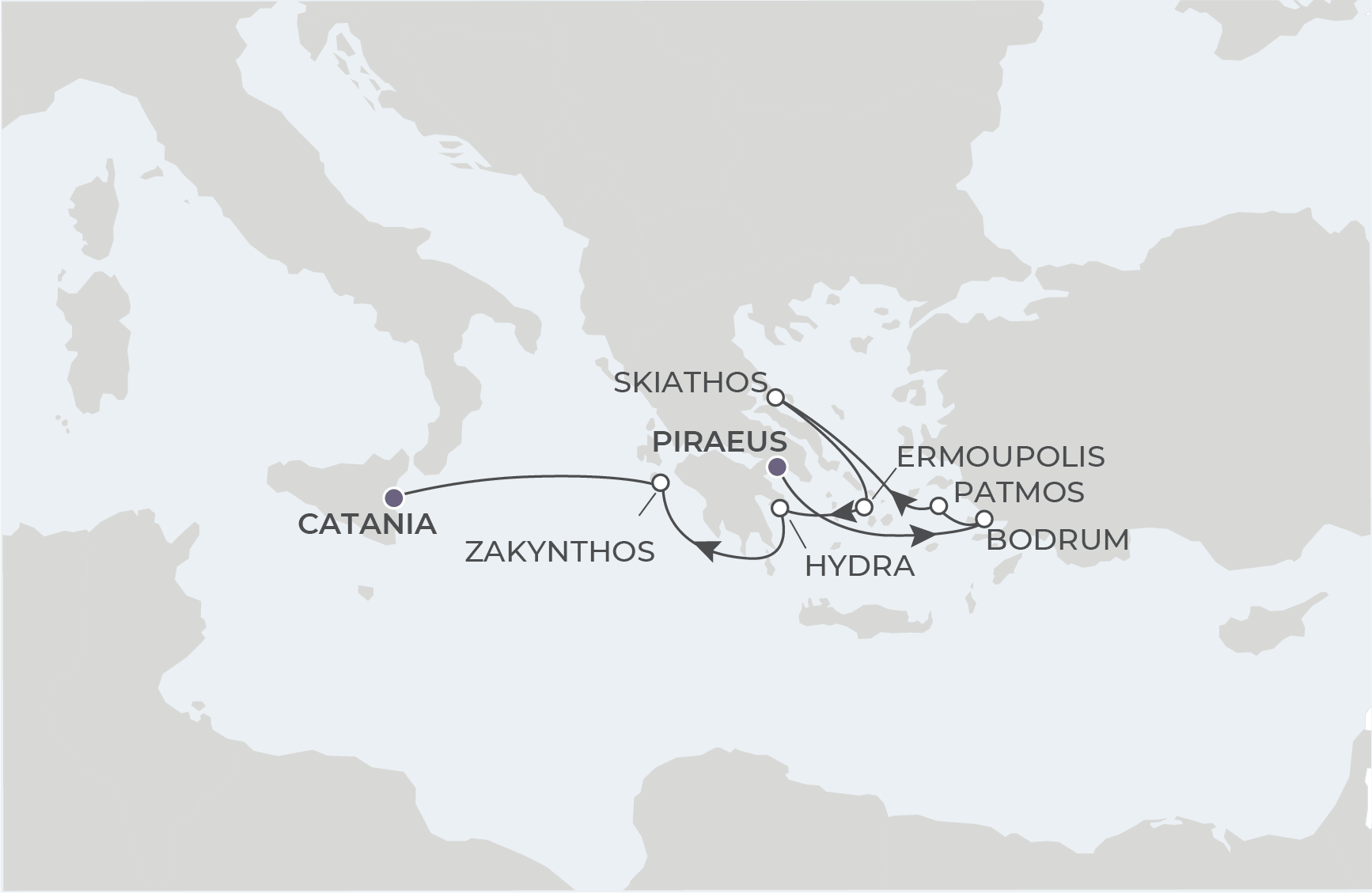 World Traveller Voyage WTR260827S August 27-September 4, 2026 itinerary route map from Piraeus (Athens), Greece to Catania (Sicily), Italy