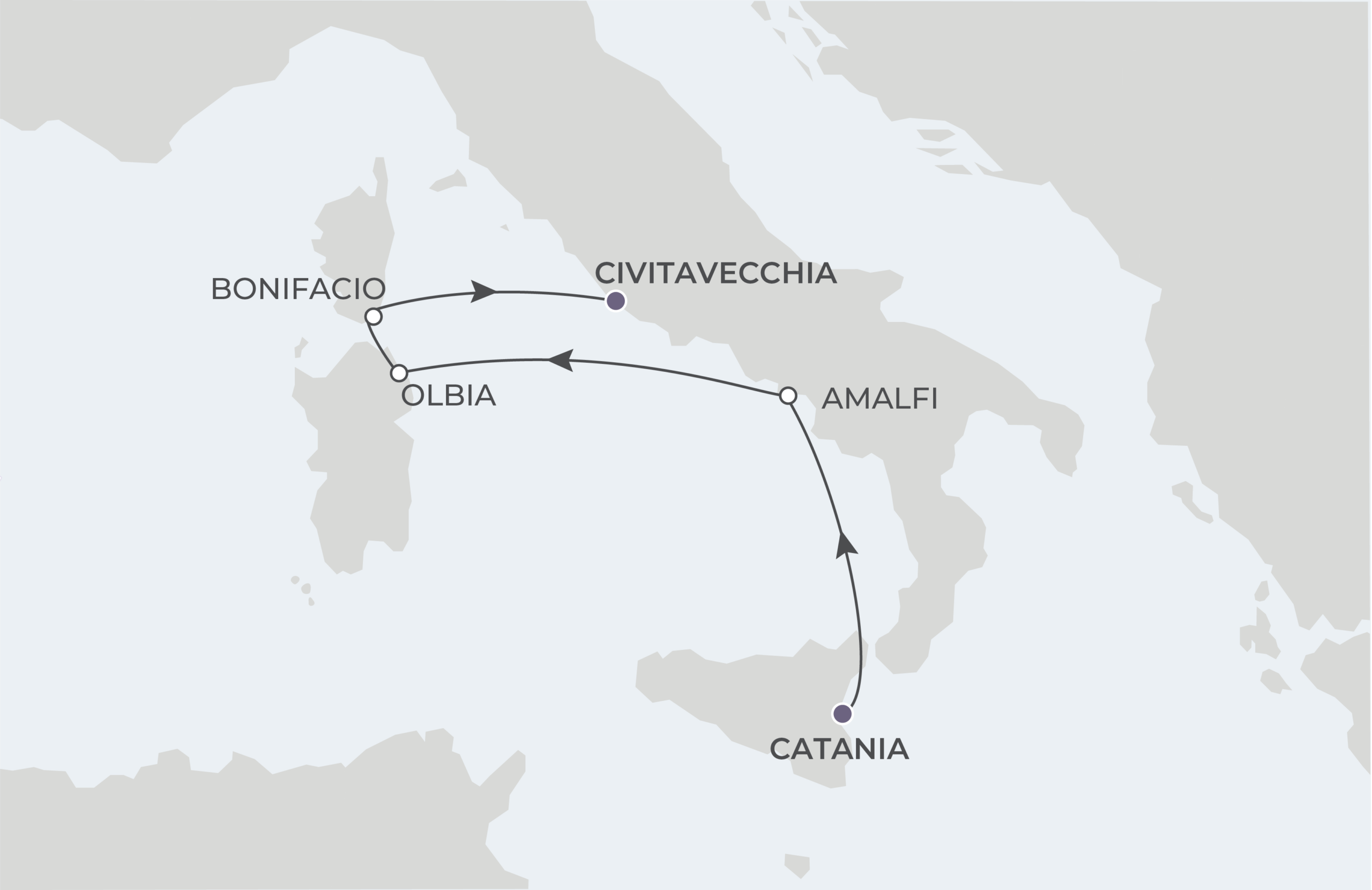 World Traveller Voyage WTR260904S September 4-9, 2026 itinerary route map from Catania (Sicily), Italy to Civitavecchia (Rome), Italy