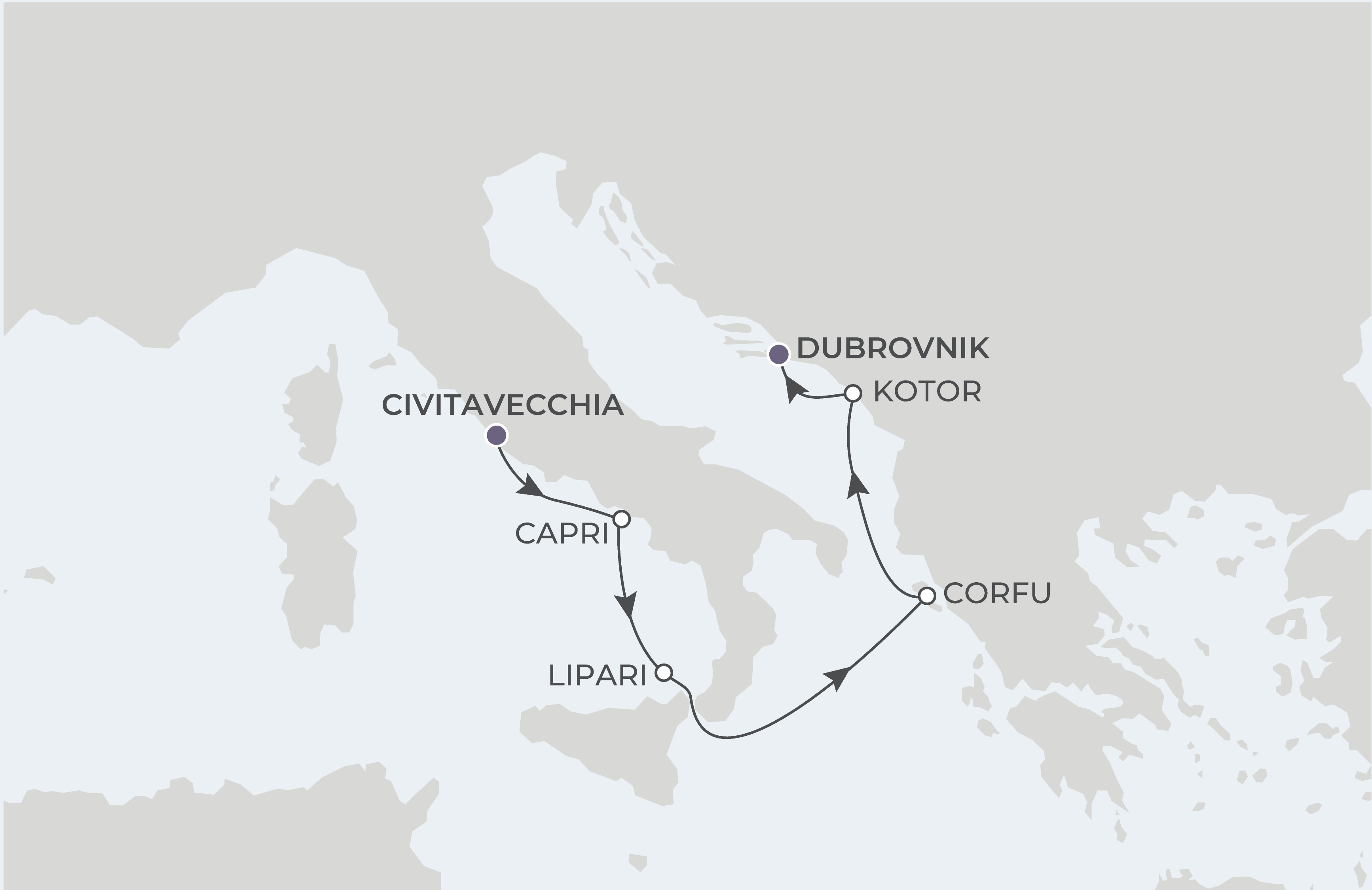 World Traveller Voyage WTR260909 September 9-15, 2026 itinerary route map from Civitavecchia (Rome), Italy to Dubrovnik, Croatia