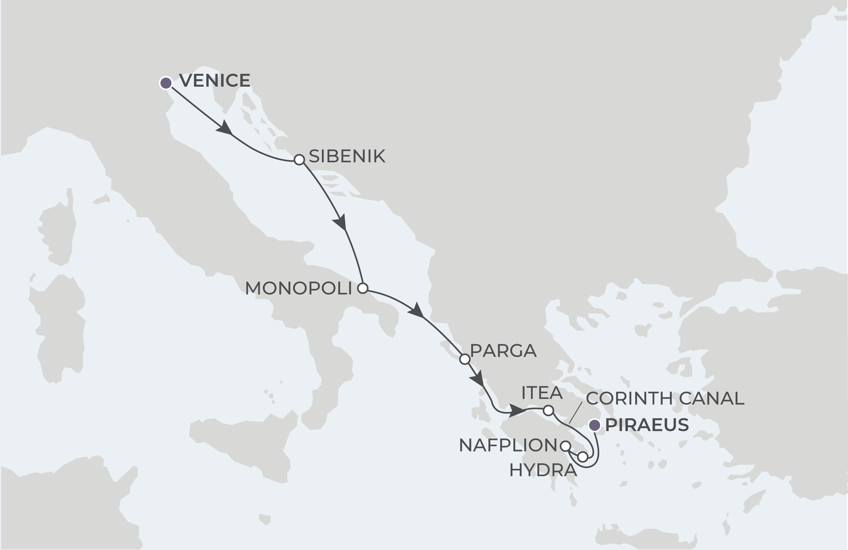 World Traveller Voyage WTR260922 September 22-30, 2026 itinerary route map from Venice, Italy to Piraeus (Athens), Greece