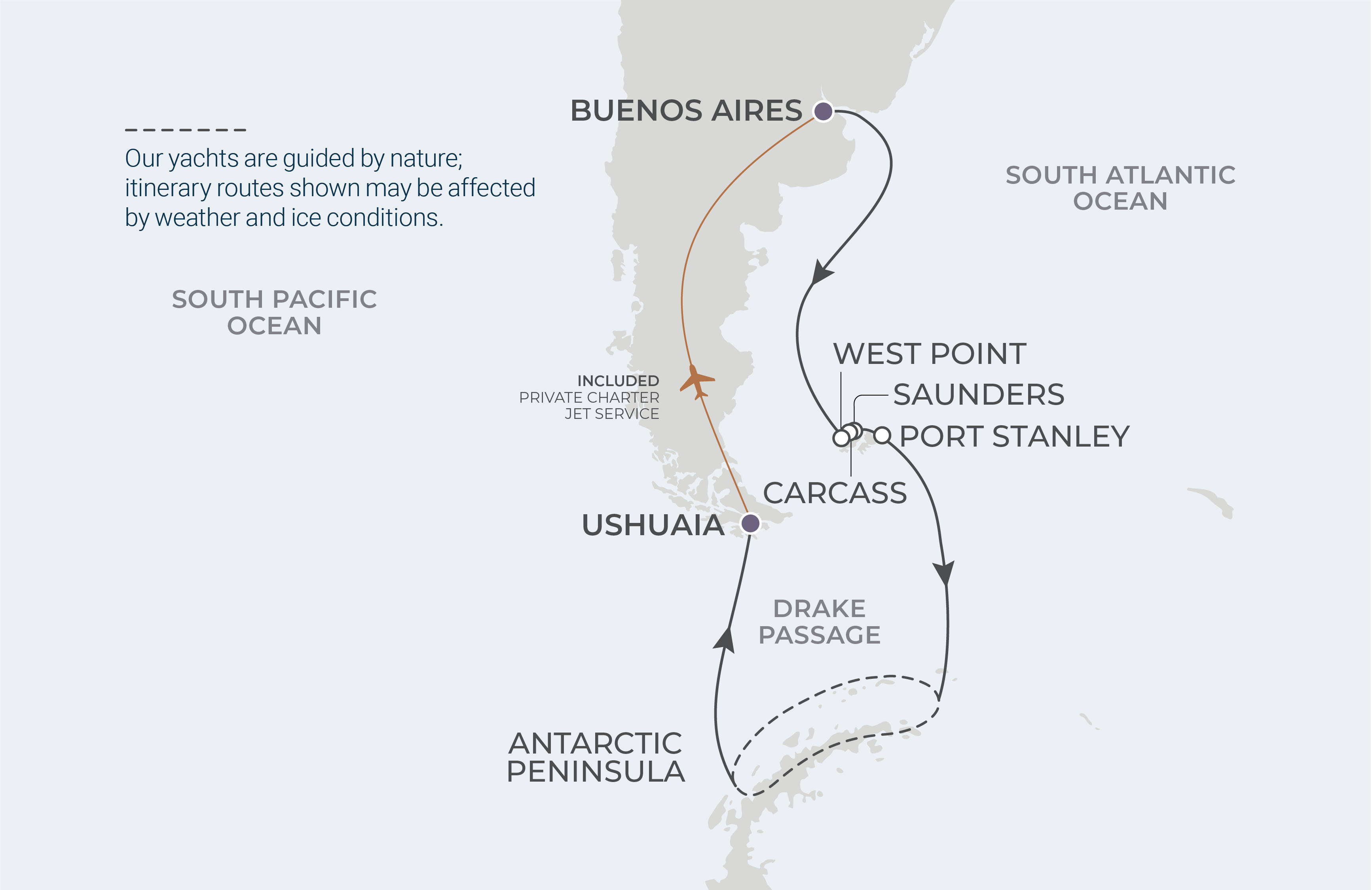 World Traveller Voyage WTR261112 November 12-28, 2026 itinerary route map from Buenos Aires, Argentina to Ushuaia, Argentina