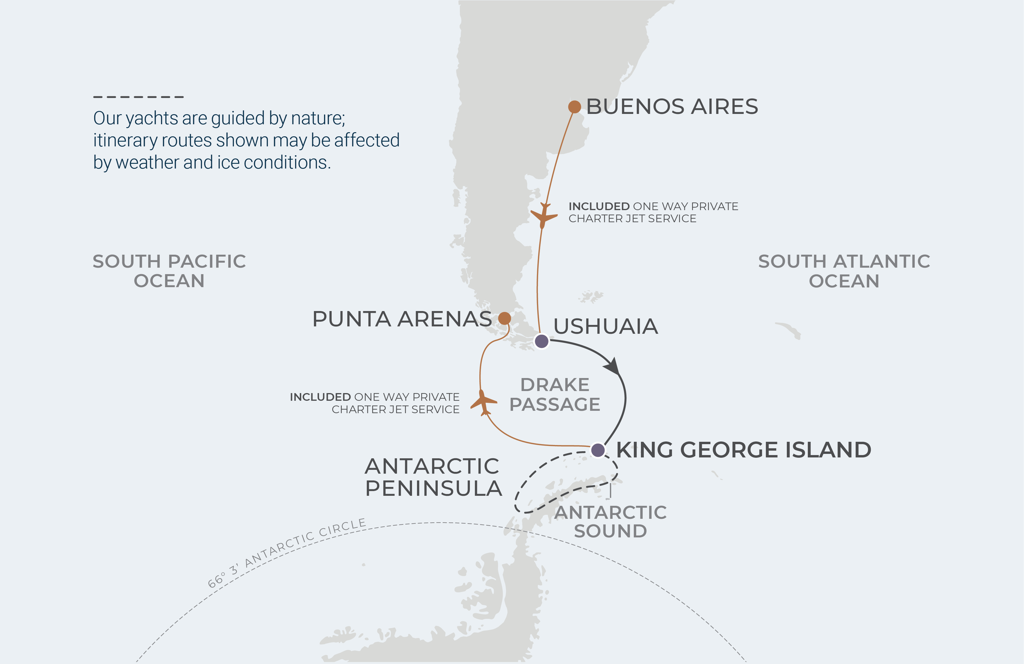 World Traveller Voyage WTR261128 November 28-December 7, 2026 itinerary route map from Ushuaia, Argentina to King George Island, South Shetland Islands