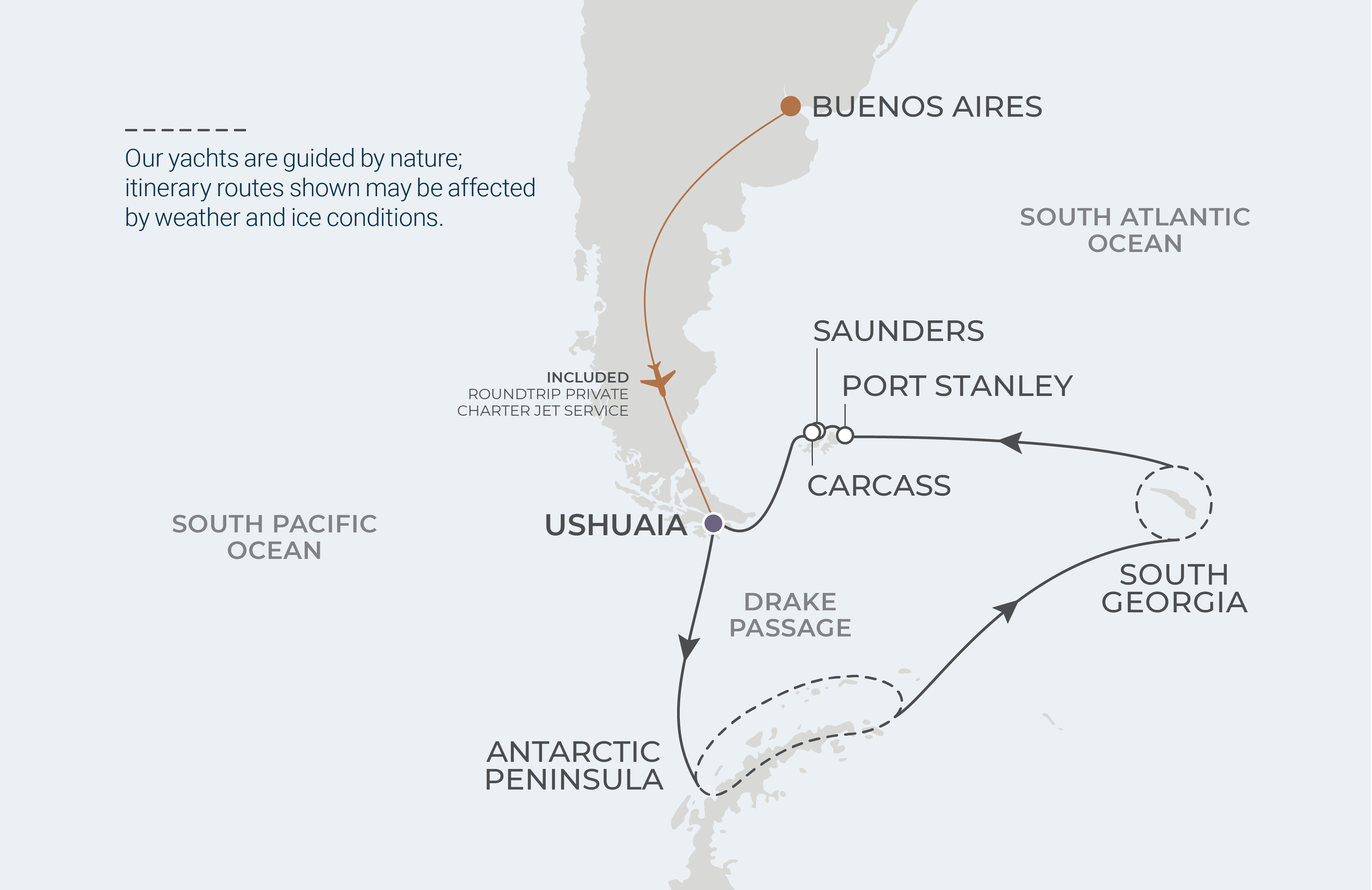 World Traveller Voyage WTR270103 January 3-21, 2027 itinerary route map from Ushuaia, Argentina to Ushuaia, Argentina