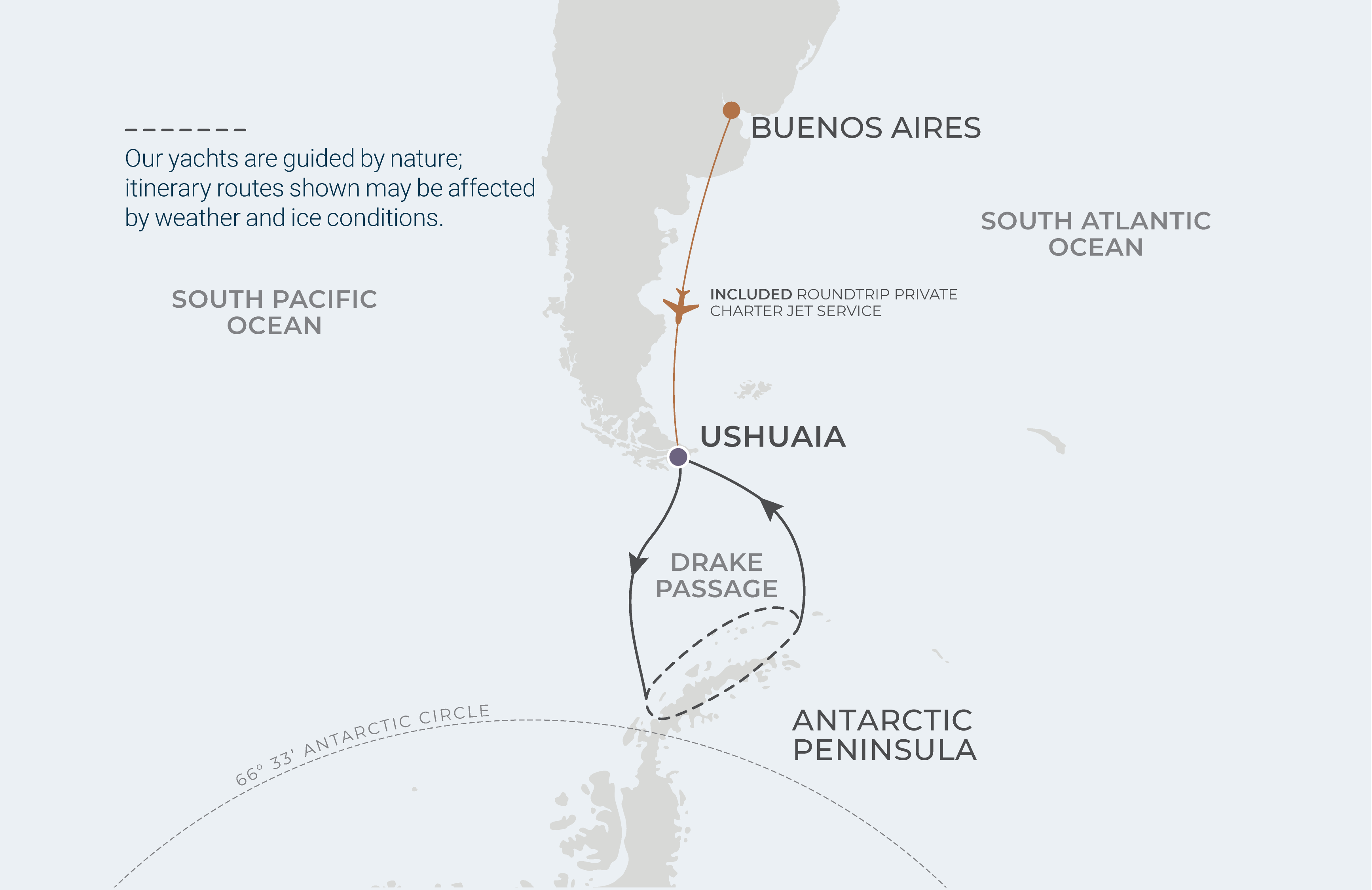 World Traveller Voyage WTR270302 March 2-13, 2027 itinerary route map from Ushuaia, Argentina to Ushuaia, Argentina