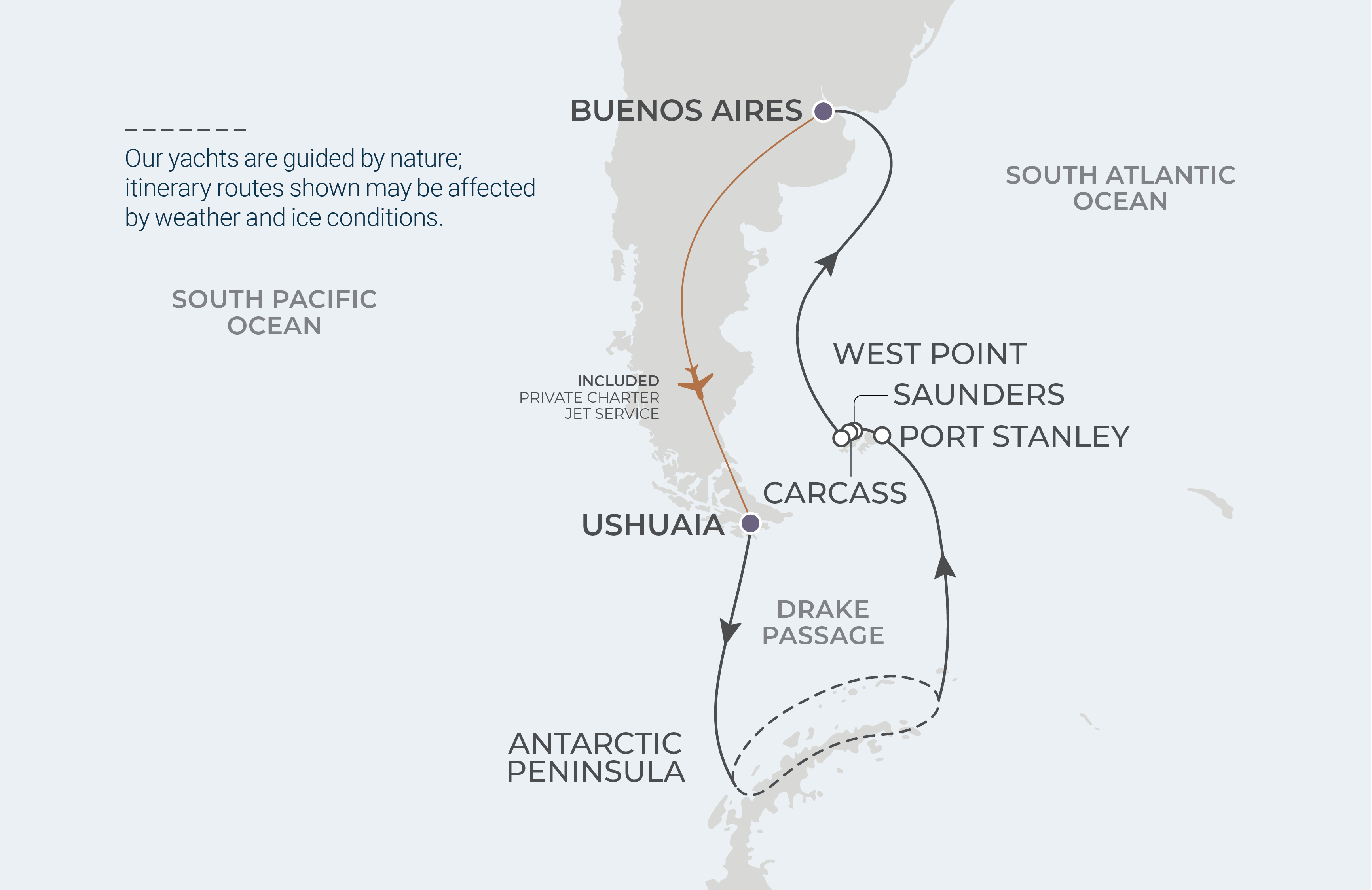 World Traveller Voyage WTR270313 March 13-29, 2027 itinerary route map from Ushuaia, Argentina to Buenos Aires, Argentina