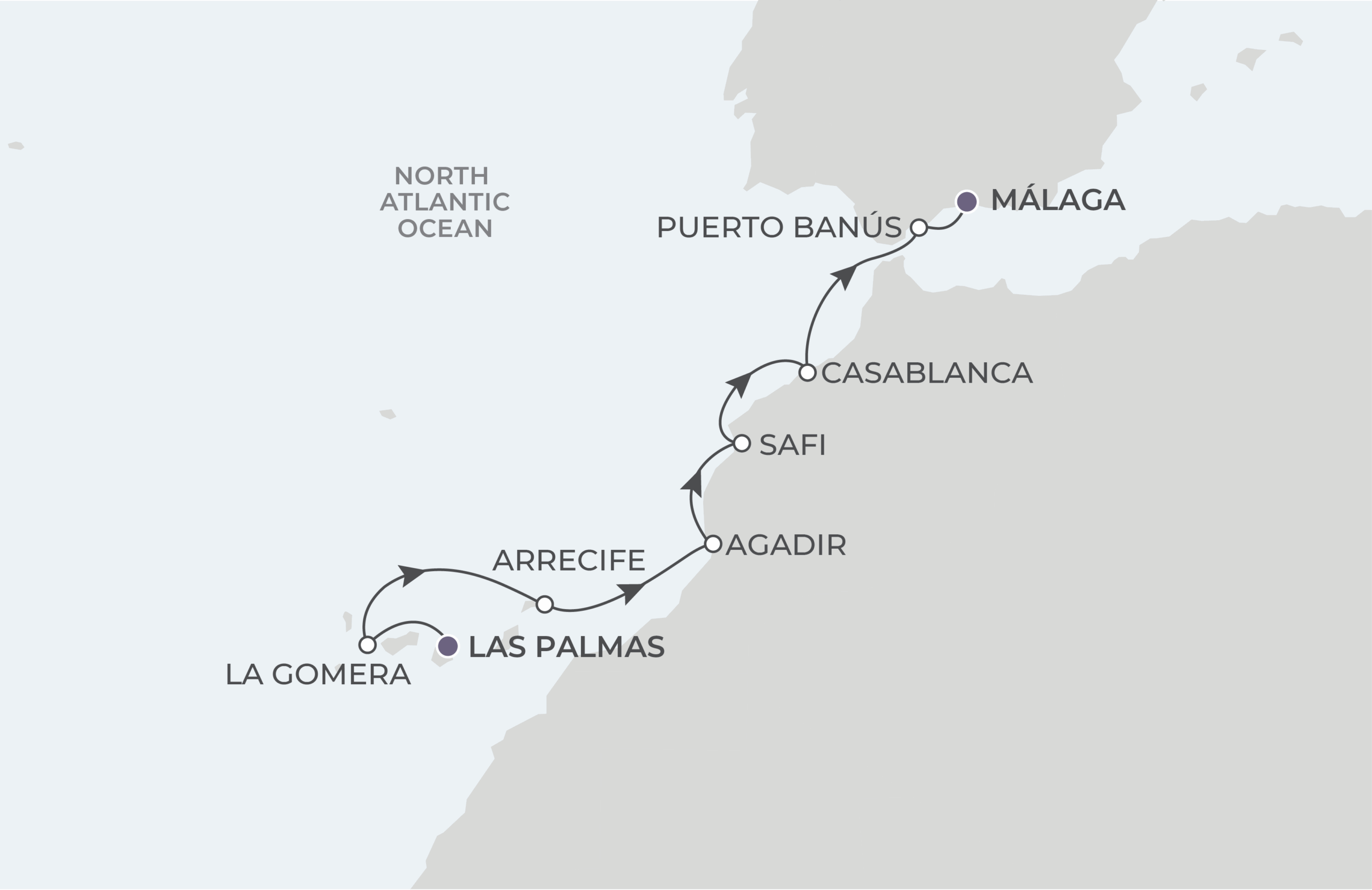World Traveller Voyage WTR270415 April 15-23, 2027 itinerary route map from Las Palmas (Gran Canaria), Canary Islands, Spain to Málaga (Granada), Spain