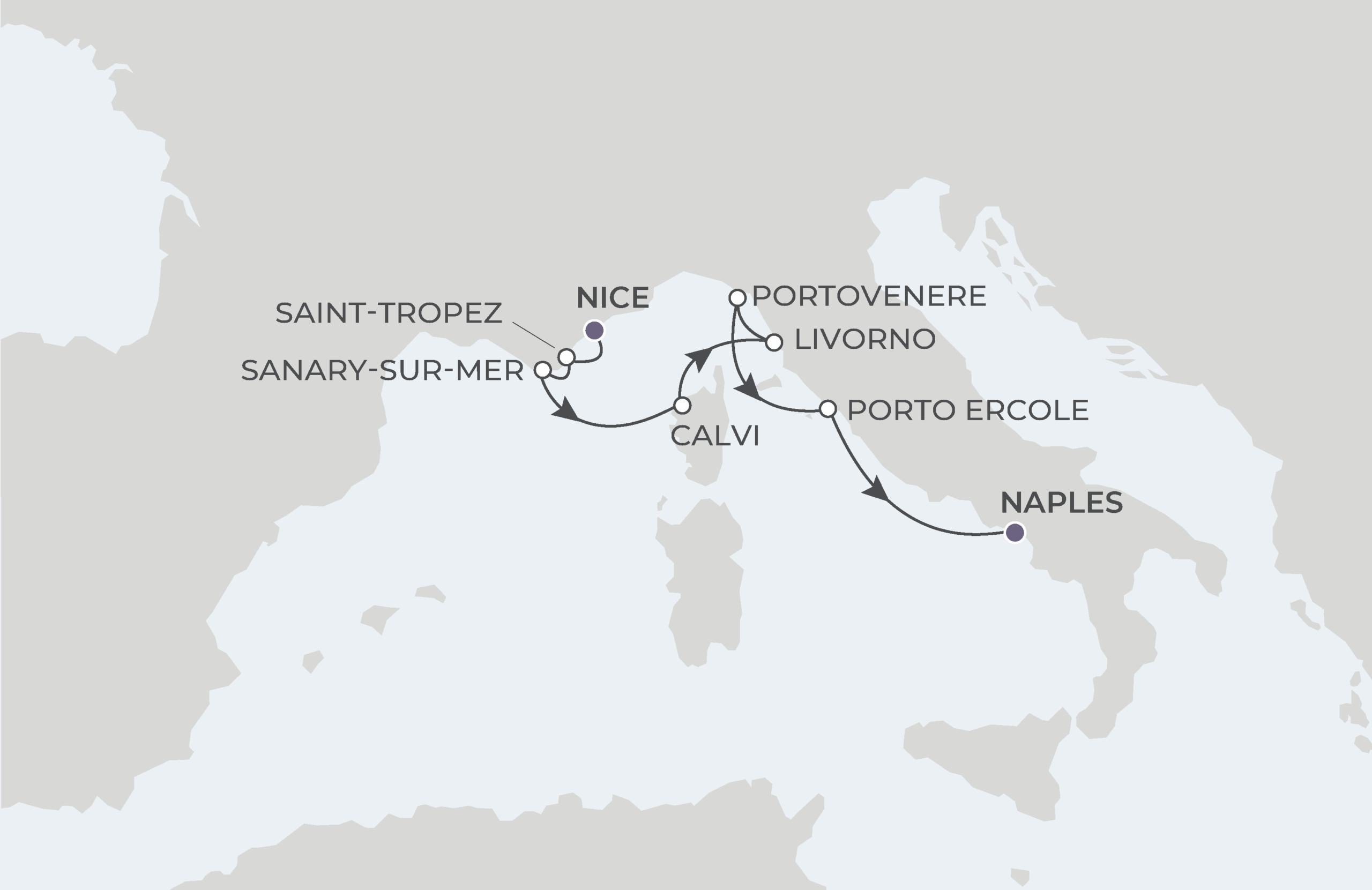 World Traveller Voyage WTR270501 May 1-9, 2027 itinerary route map from Nice, France to Naples (Pompeii), Italy