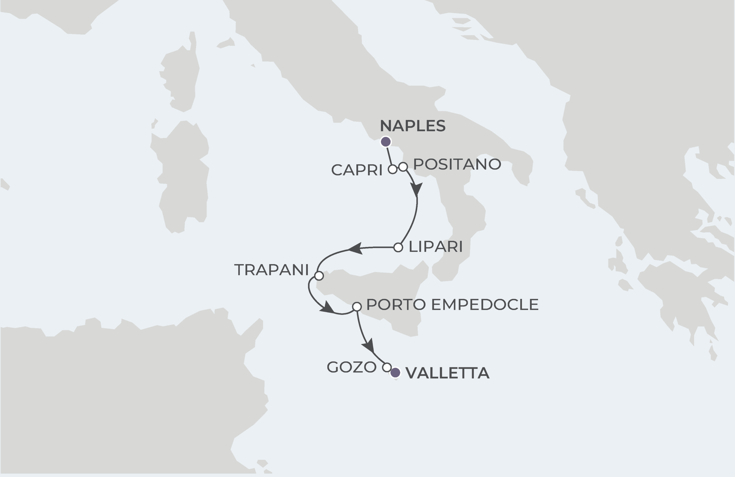 World Traveller Voyage WTR270509 May 9-16, 2027 itinerary route map from Naples (Pompeii), Italy to Valletta, Malta