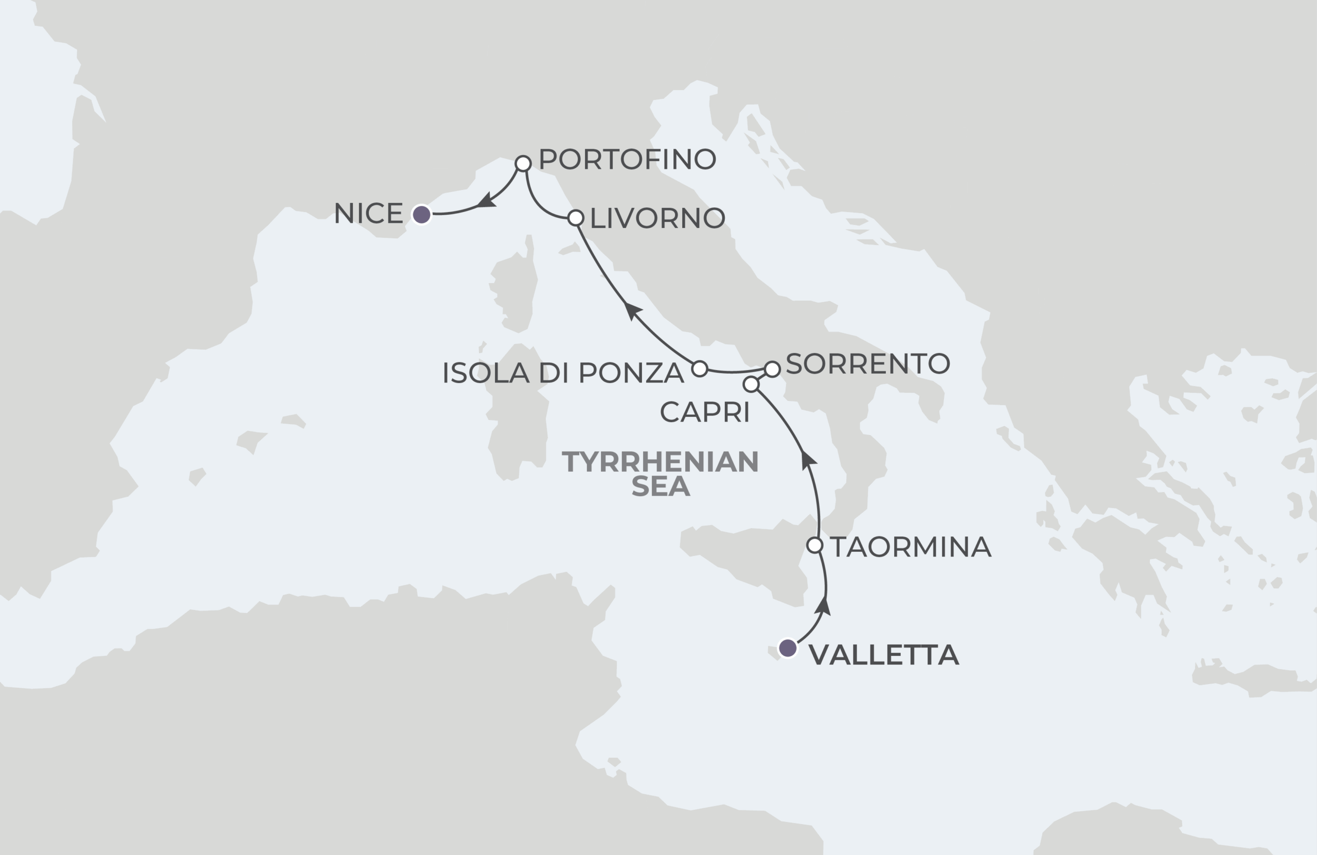 World Traveller Voyage WTR270516 May 16-23, 2027 itinerary route map from Valletta, Malta to Nice, France
