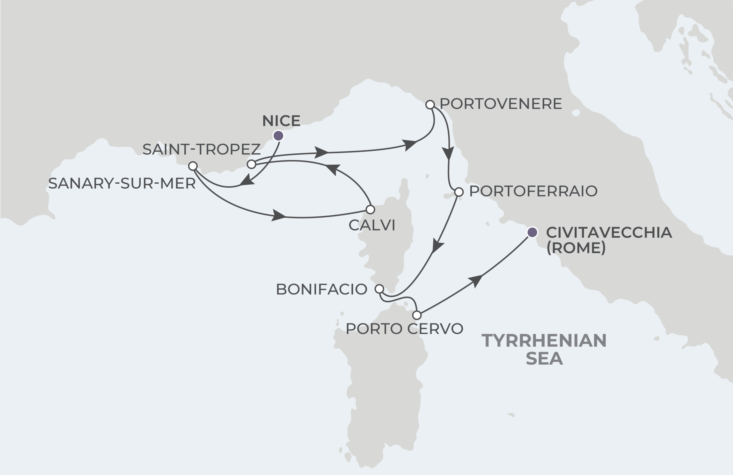 World Traveller Voyage WTR270523 May 23-31, 2027 itinerary route map from Nice, France to Civitavecchia (Rome), Italy