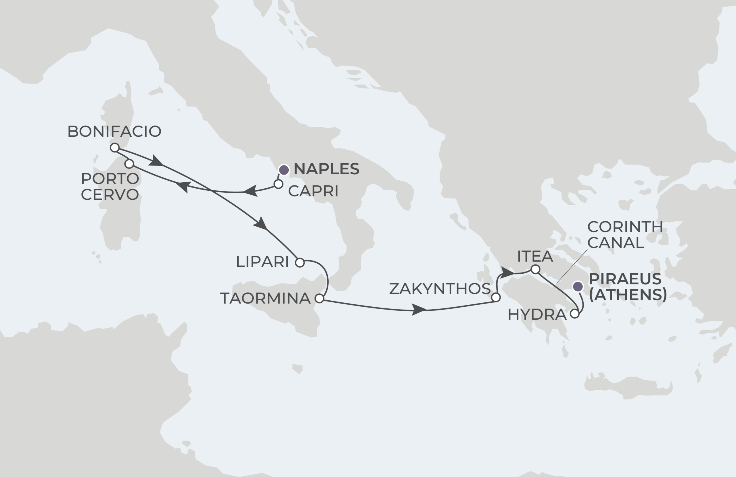 World Traveller Voyage WTR270607 June 7-19, 2027 itinerary route map from Naples (Pompeii), Italy to Piraeus (Athens), Greece