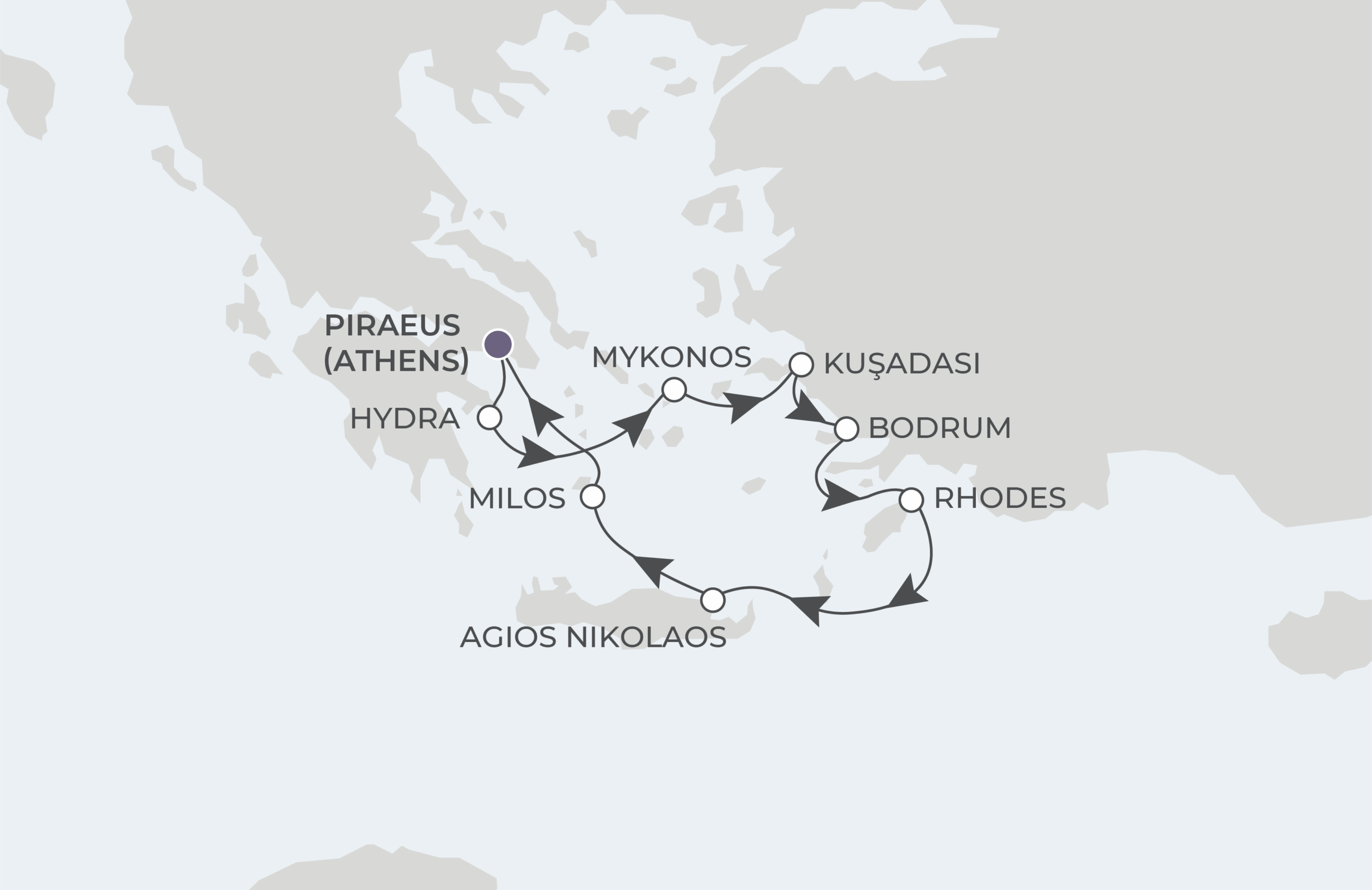 World Traveller Voyage WTR270619 June 19-27, 2027 itinerary route map from Piraeus (Athens), Greece to Piraeus (Athens), Greece