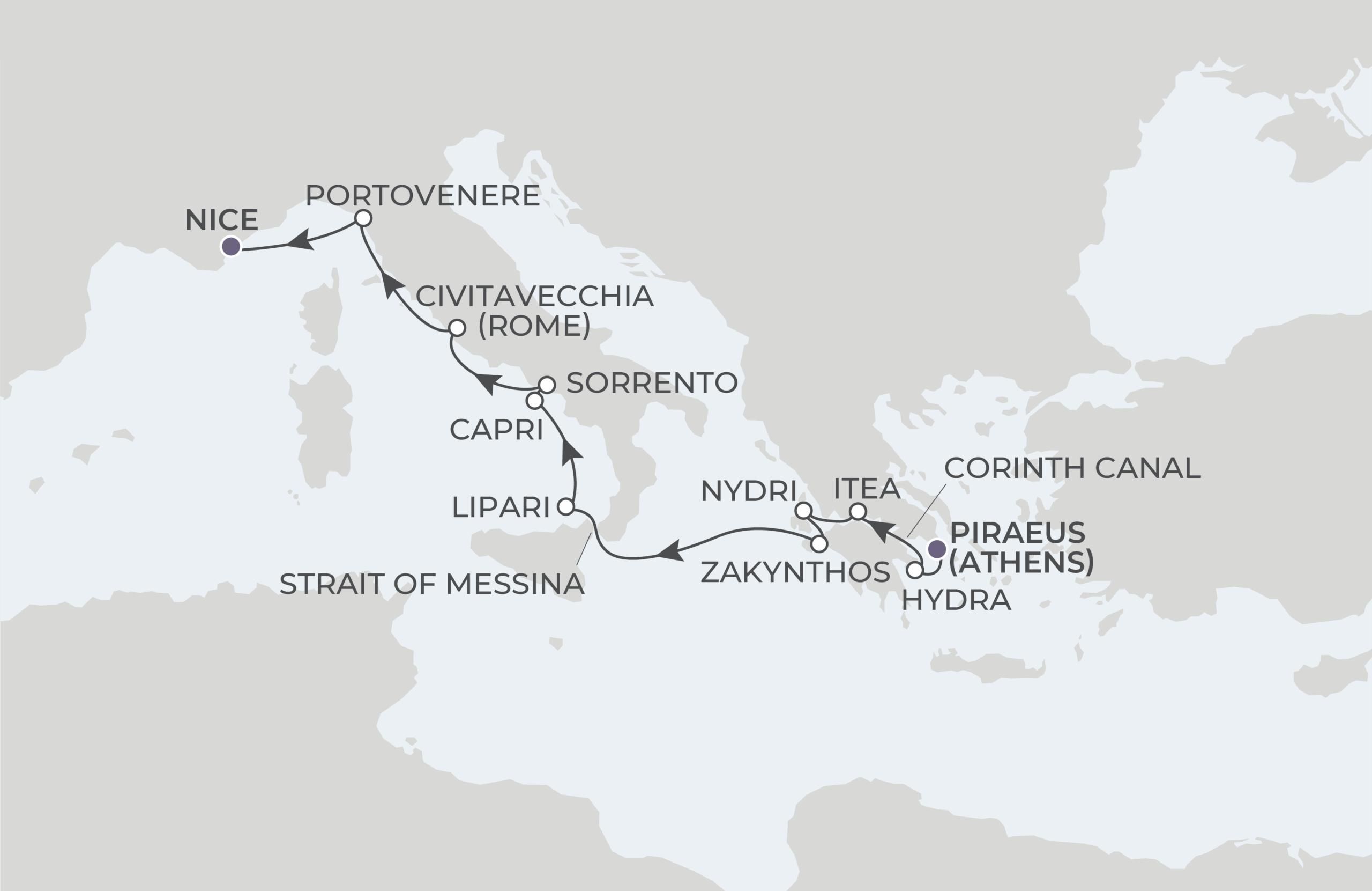World Traveller Voyage WTR270708 July 8-19, 2027 itinerary route map from Piraeus (Athens), Greece to Nice, France