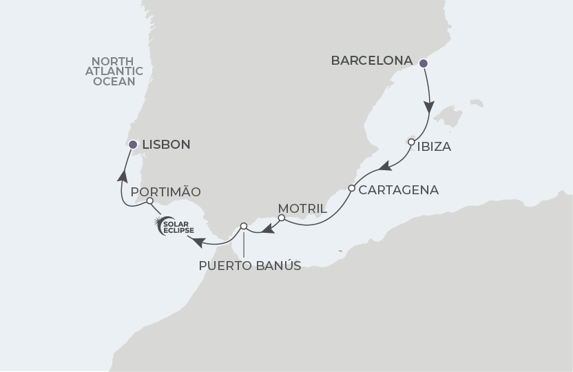 World Traveller Voyage WTR270727 July 27-August 4, 2027 itinerary route map from Barcelona, Spain to Lisbon, Portugal