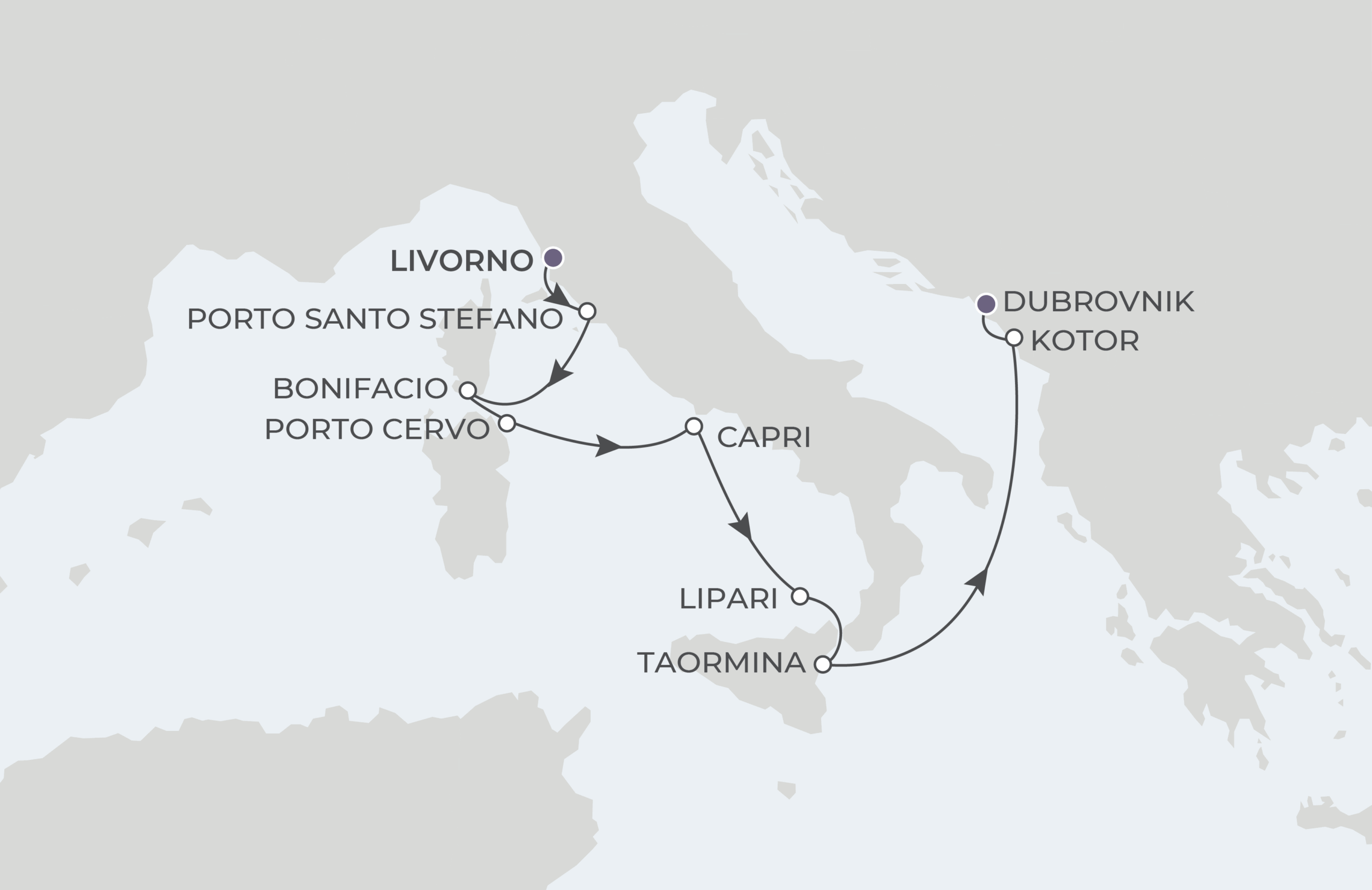 World Traveller Voyage WTR270820 August 20-29, 2027 itinerary route map from Livorno (Florence/Pisa), Italy to Dubrovnik, Croatia
