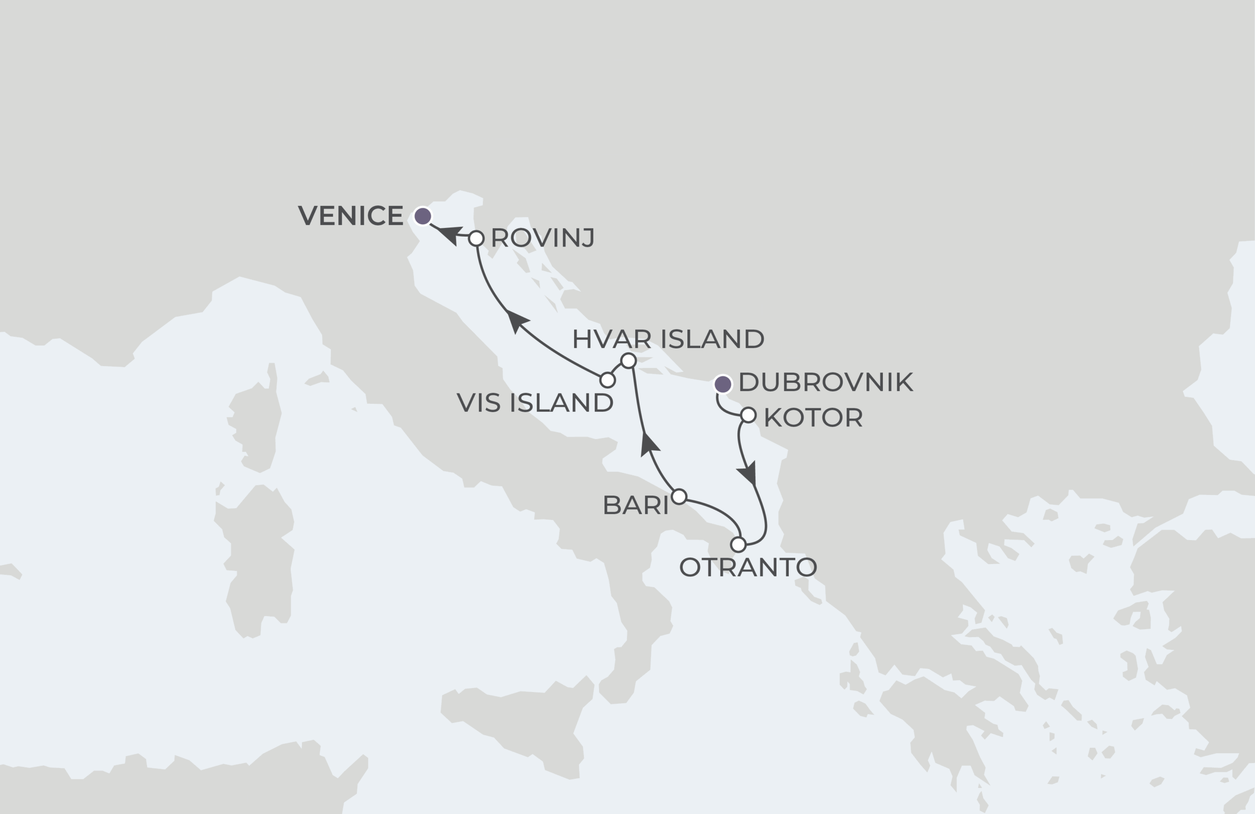 World Traveller Voyage WTR270829 August 29-September 5, 2027 itinerary route map from Dubrovnik, Croatia to Venice, Italy