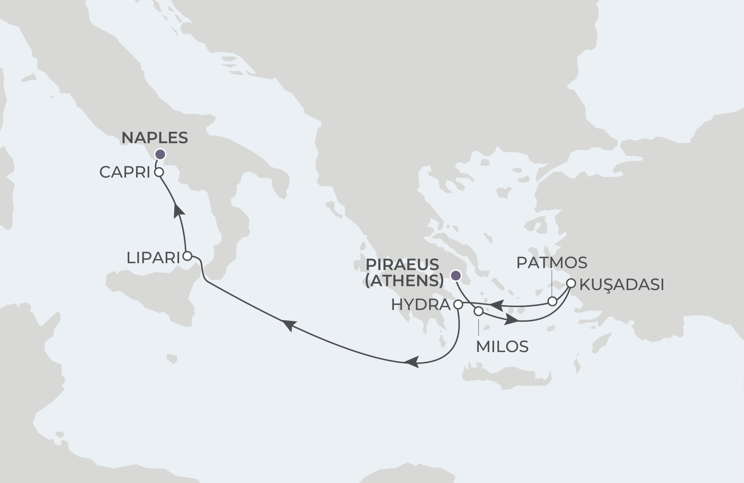 World Traveller Voyage WTR270923 September 23-October 1, 2027 itinerary route map from Piraeus (Athens), Greece to Naples (Pompeii), Italy