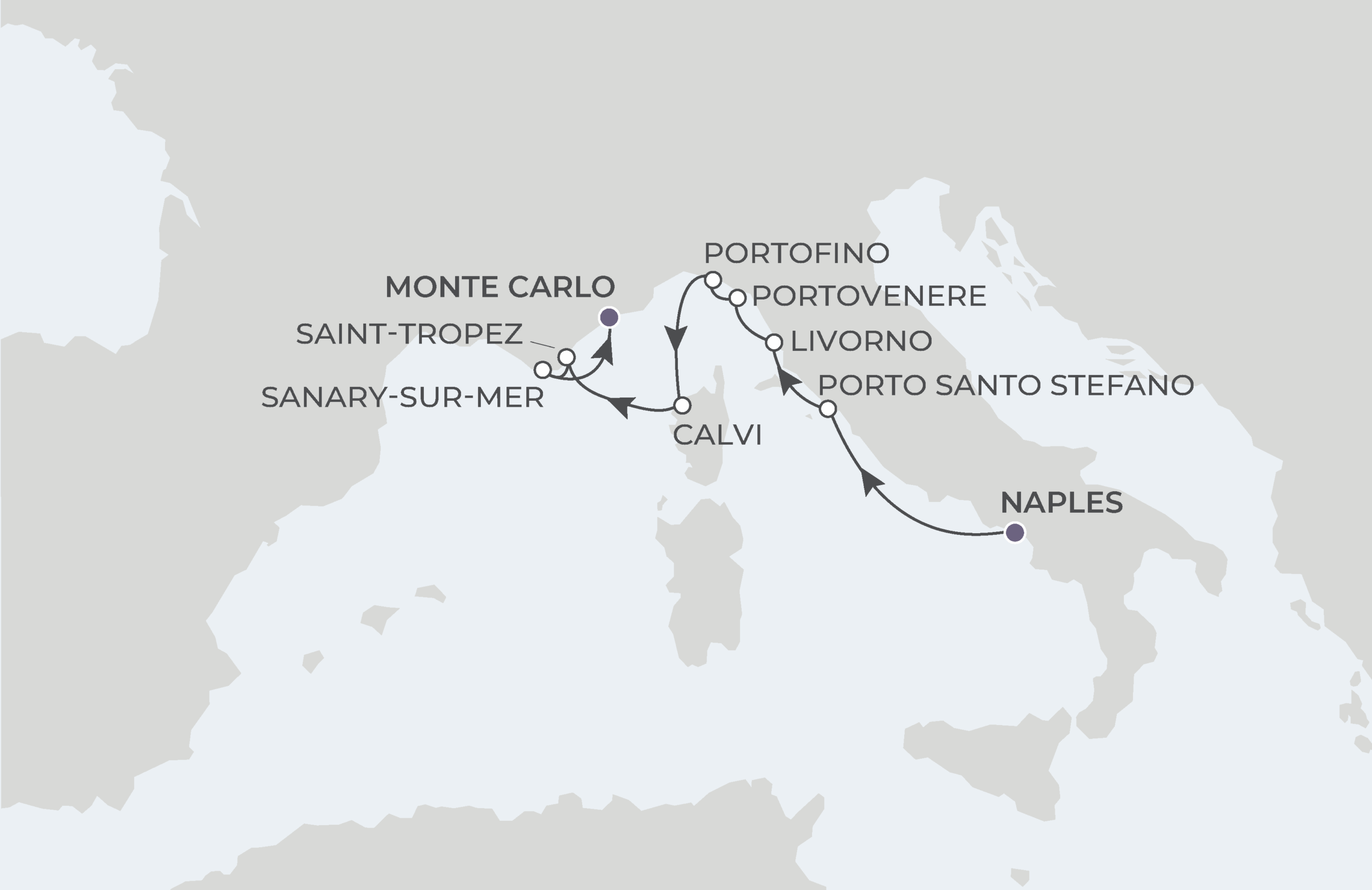 World Traveller Voyage WTR271001 October 1-9, 2027 itinerary route map from Naples (Pompeii), Italy to Monte Carlo, Monaco