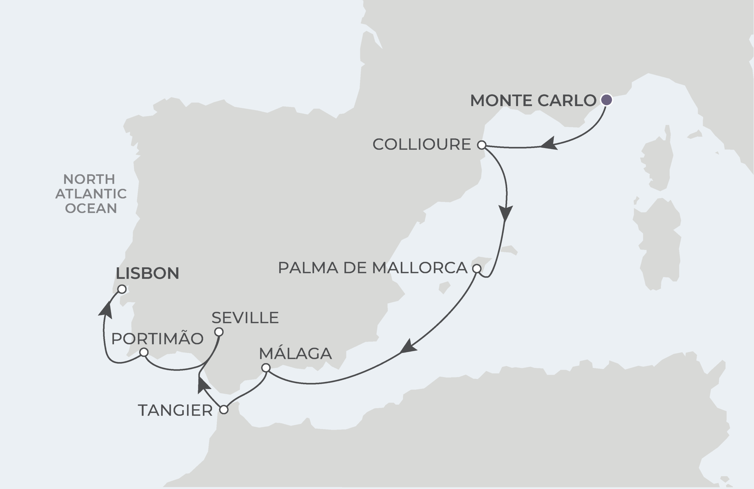 World Traveller Voyage WTR271009 October 9-17, 2027 itinerary route map from Monte Carlo, Monaco to Lisbon, Portugal