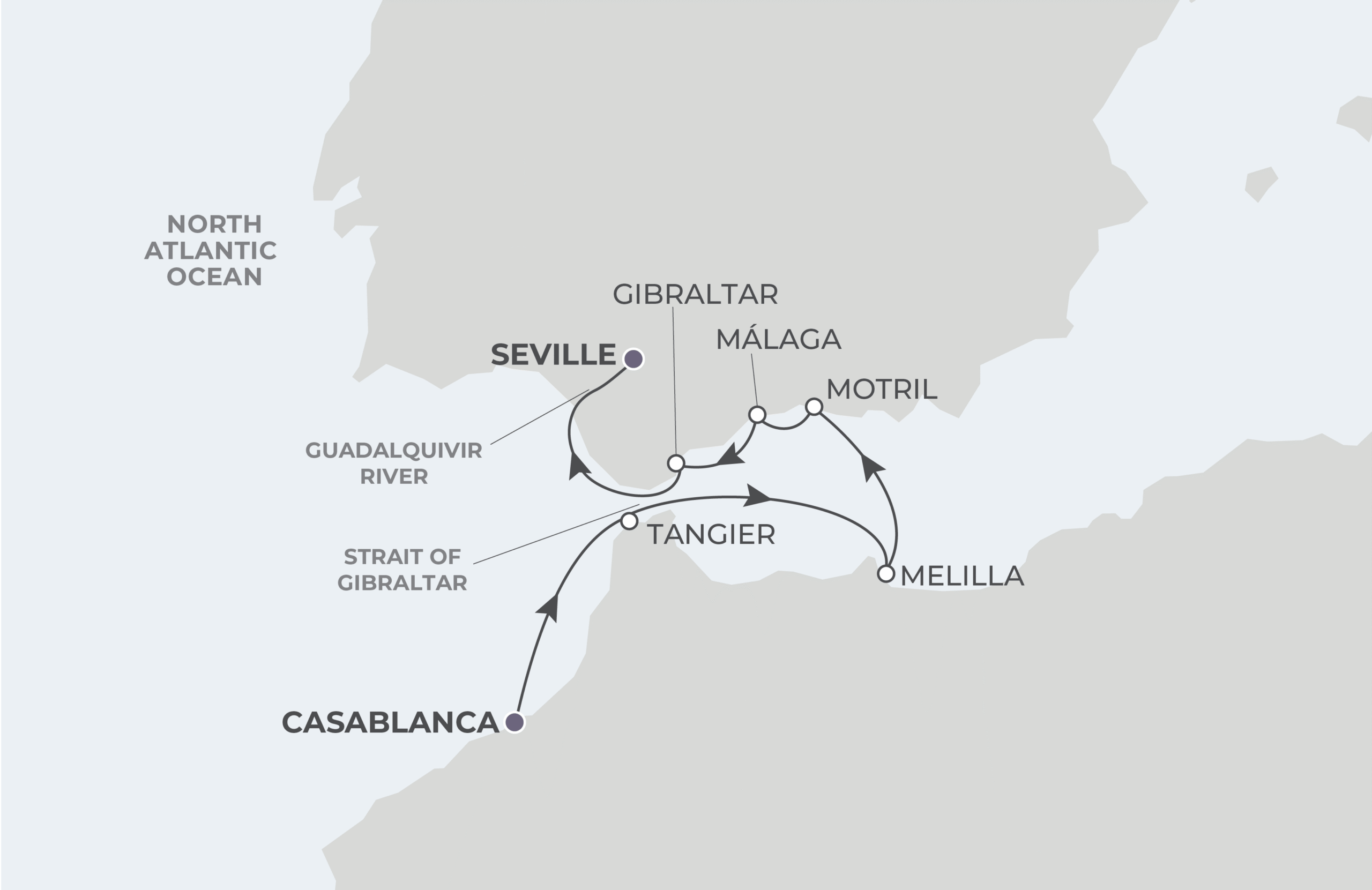 World Traveller Voyage WTR280407 April 7-14, 2028 itinerary route map from Casablanca, Morocco to Seville, Spain