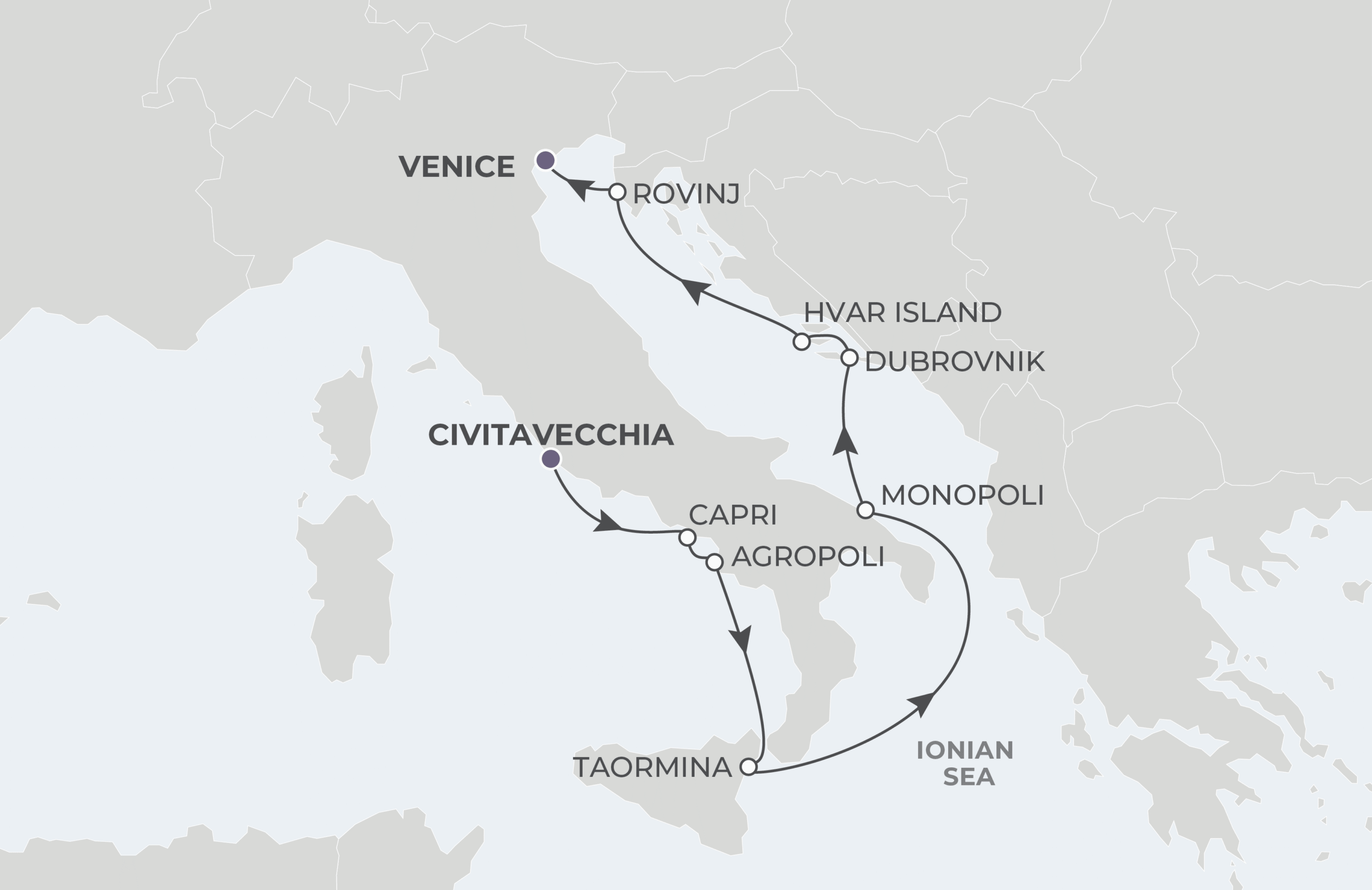 World Traveller Voyage WTR280512 May 12-22, 2028 itinerary route map from Civitavecchia (Rome), Italy to Venice, Italy