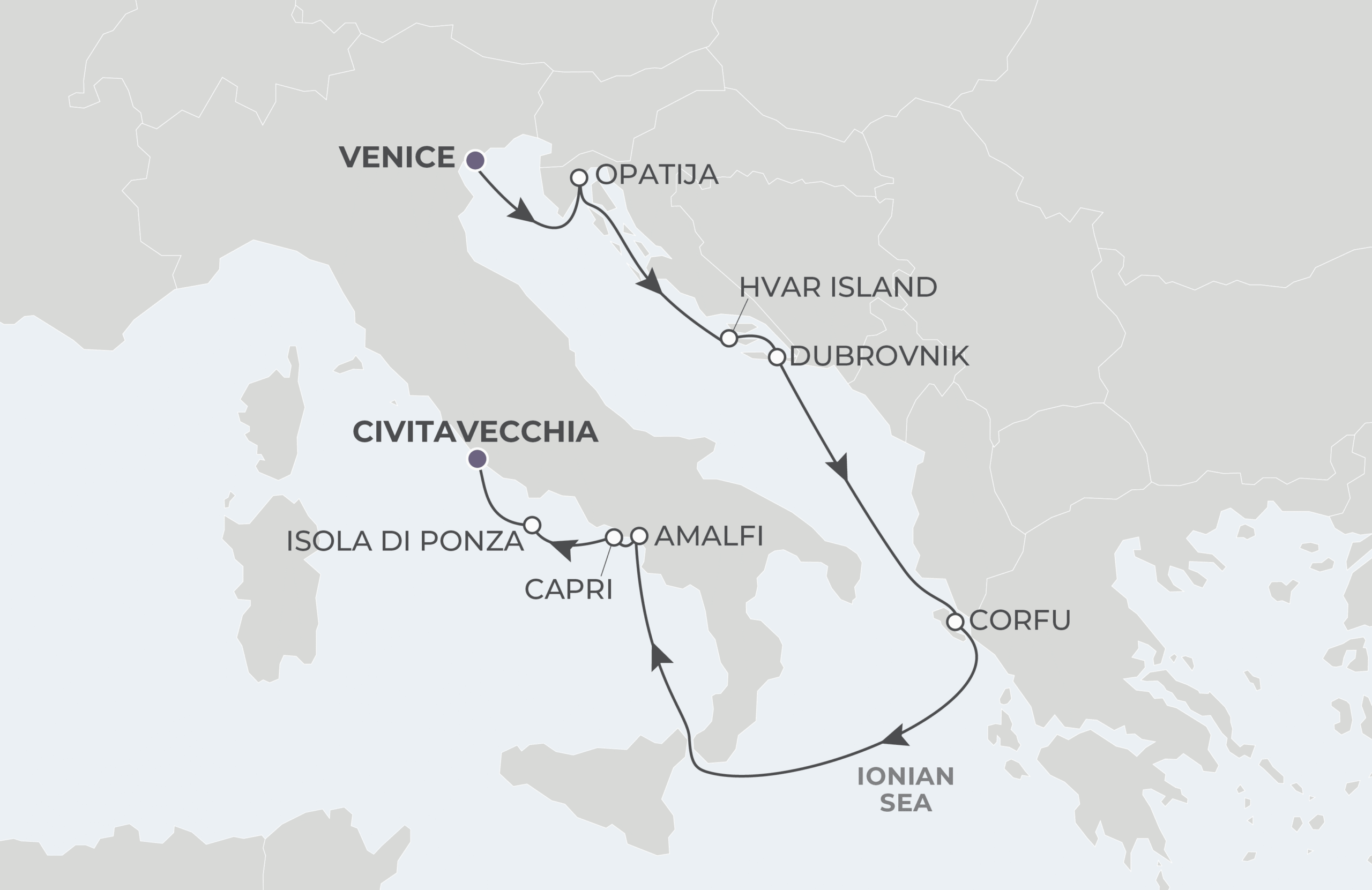 World Traveller Voyage WTR280522 May 22-31, 2028 itinerary route map from Venice, Italy to Civitavecchia (Rome), Italy