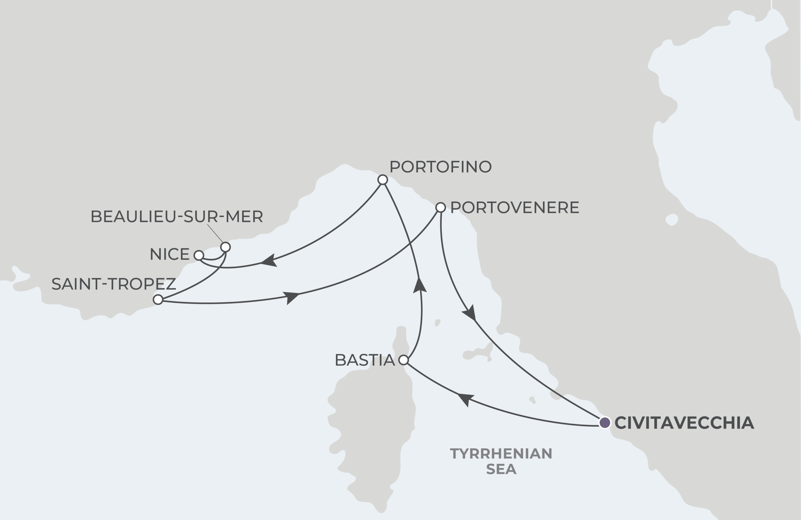 World Traveller Voyage WTR280531 May 31-June 8, 2028 itinerary route map from Civitavecchia (Rome), Italy to Civitavecchia (Rome), Italy