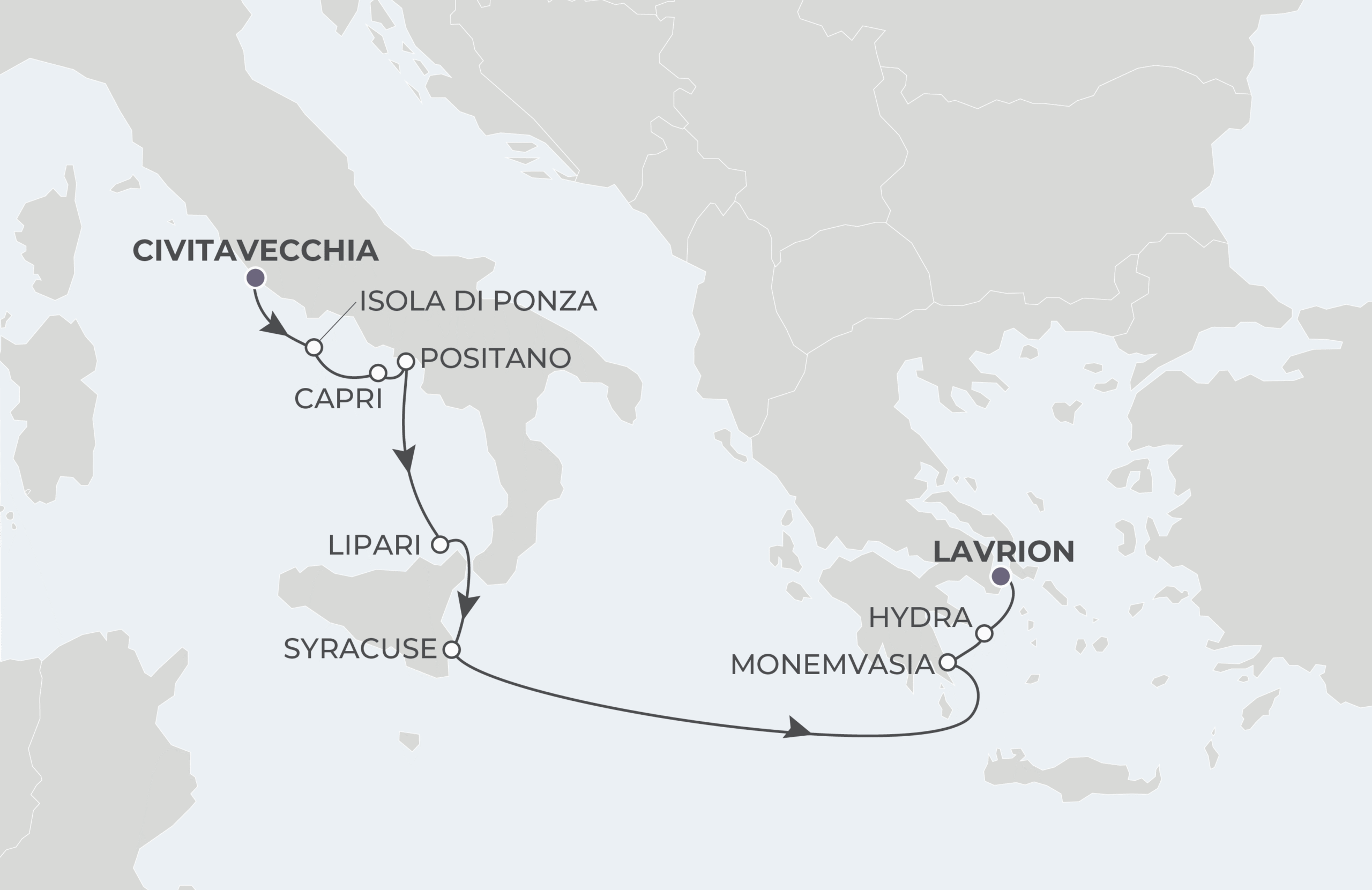 World Traveller Voyage WTR280608 June 8-17, 2028 itinerary route map from Civitavecchia (Rome), Italy to Lavrion (Athens), Greece
