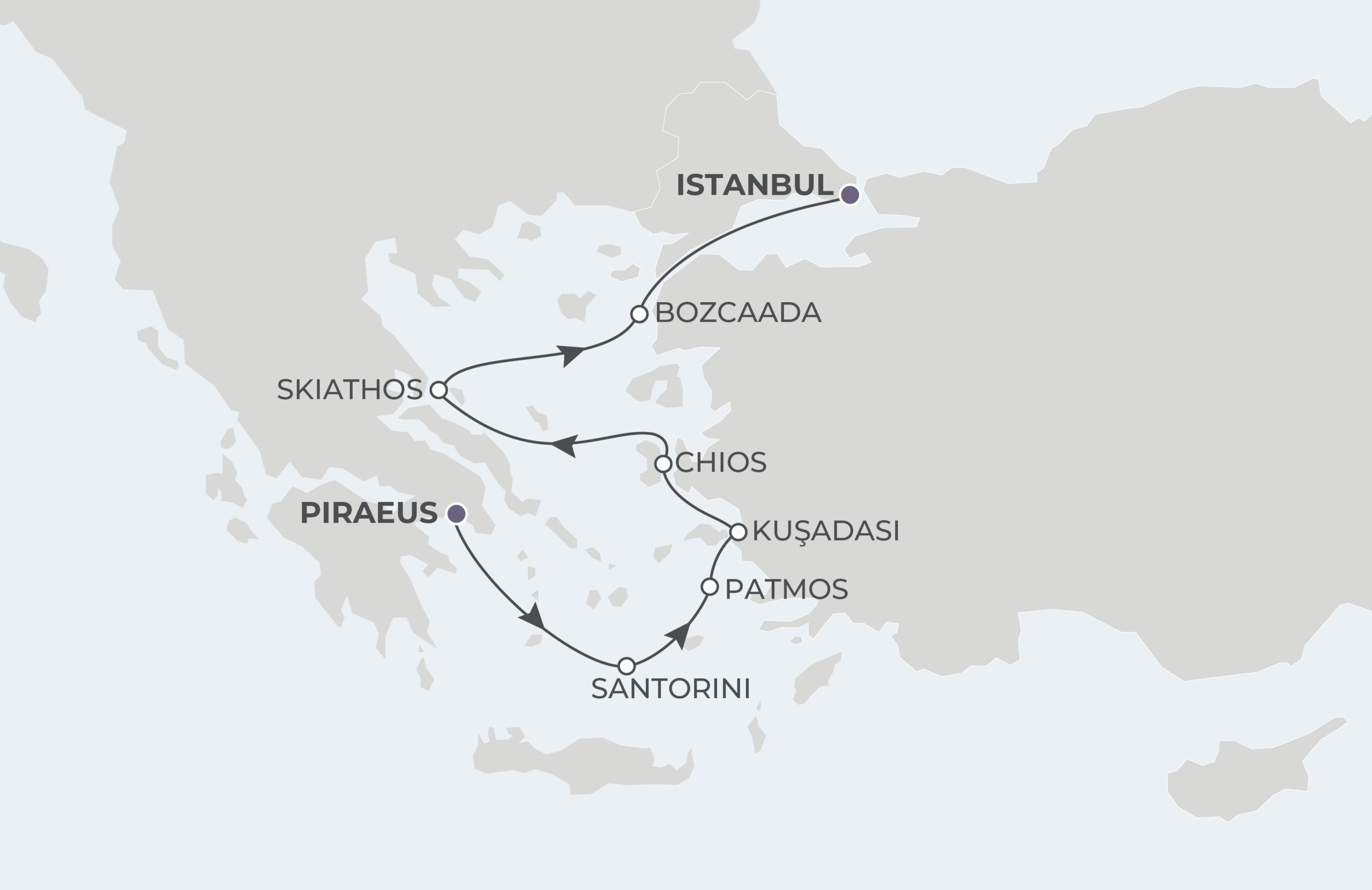 World Traveller Voyage WTR280627 June 27-July 4, 2028 itinerary route map from Piraeus (Athens), Greece to Istanbul, Turkey