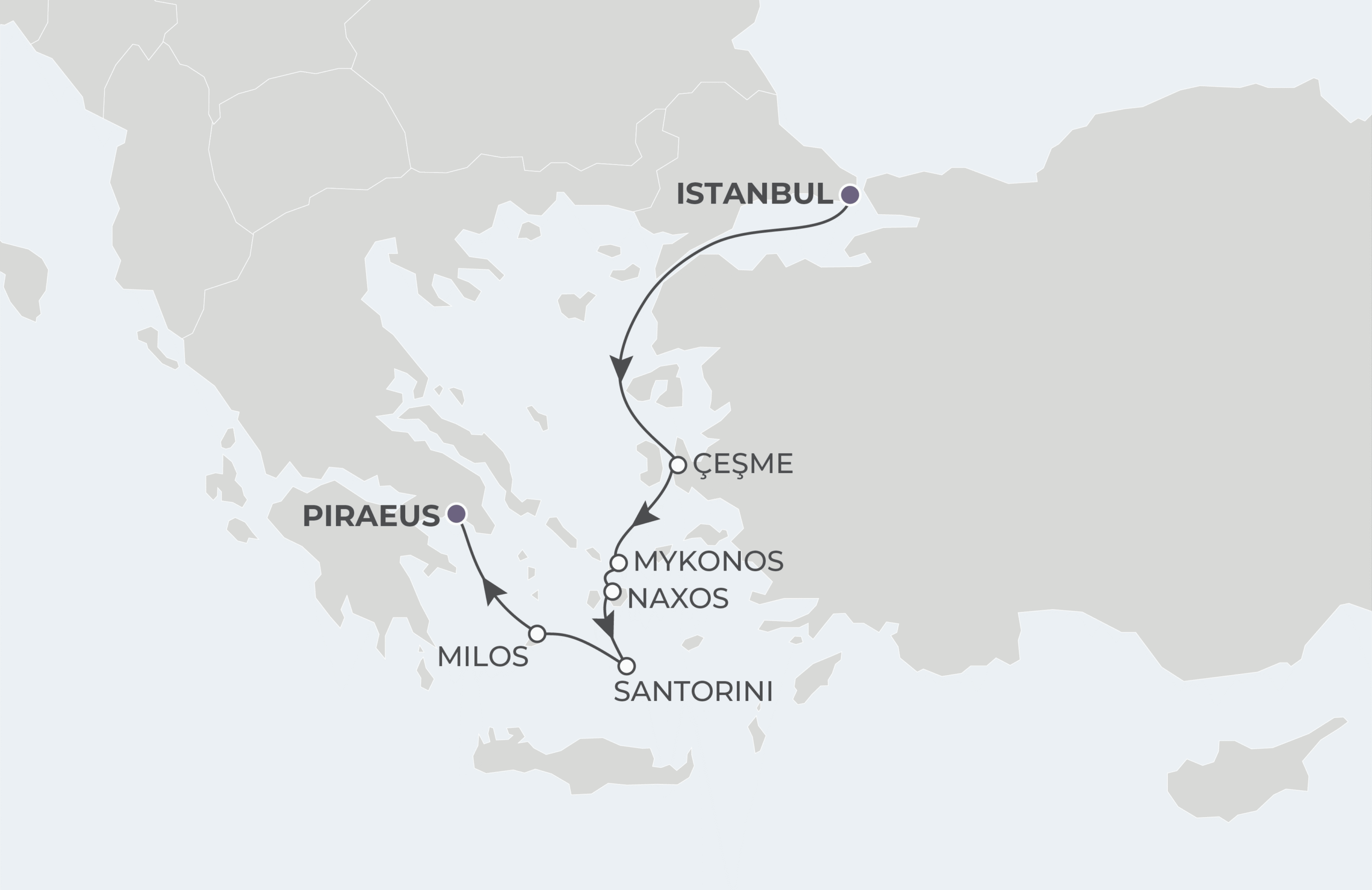 World Traveller Voyage WTR280704 July 4-11, 2028 itinerary route map from Istanbul, Turkey to Piraeus (Athens), Greece