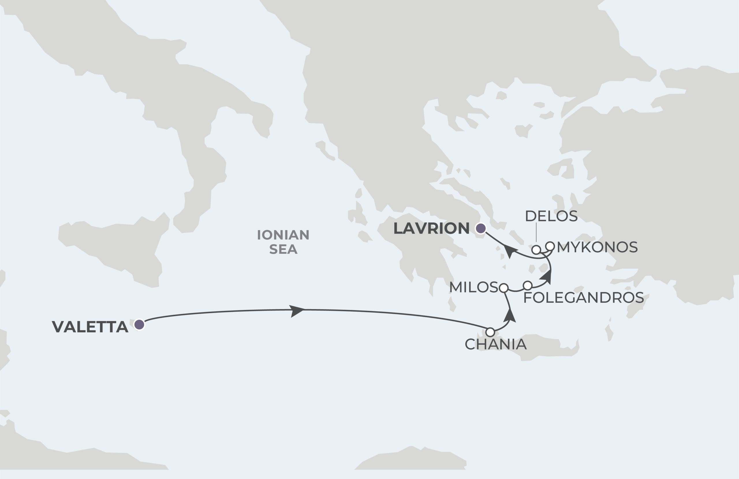 World Traveller Voyage WTR280823 August 23-30, 2028 itinerary route map from Valletta, Malta to Lavrion (Athens), Greece
