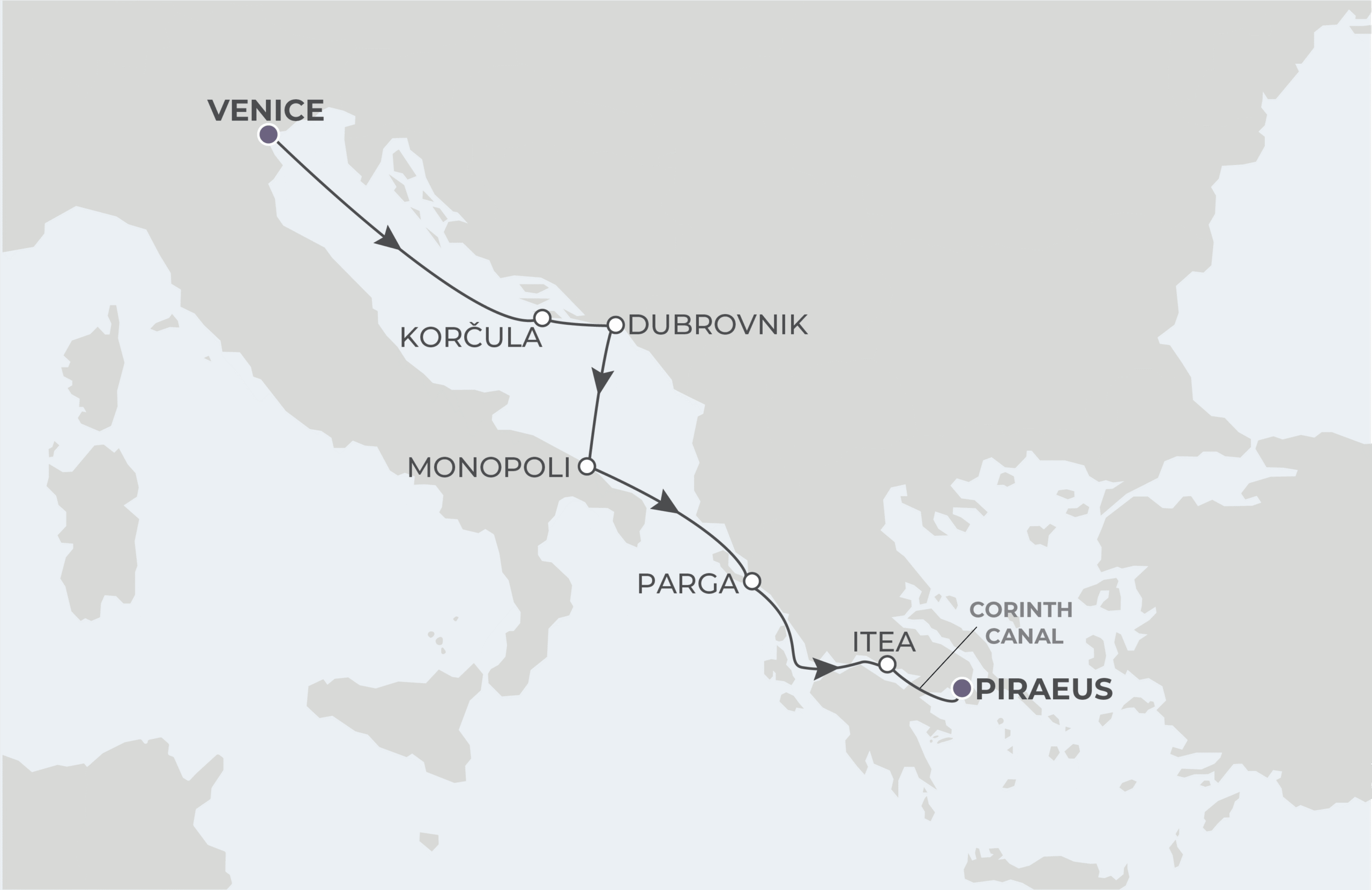 World Traveller Voyage WTR280913 September 13-20, 2028 itinerary route map from Venice, Italy to Piraeus (Athens), Greece