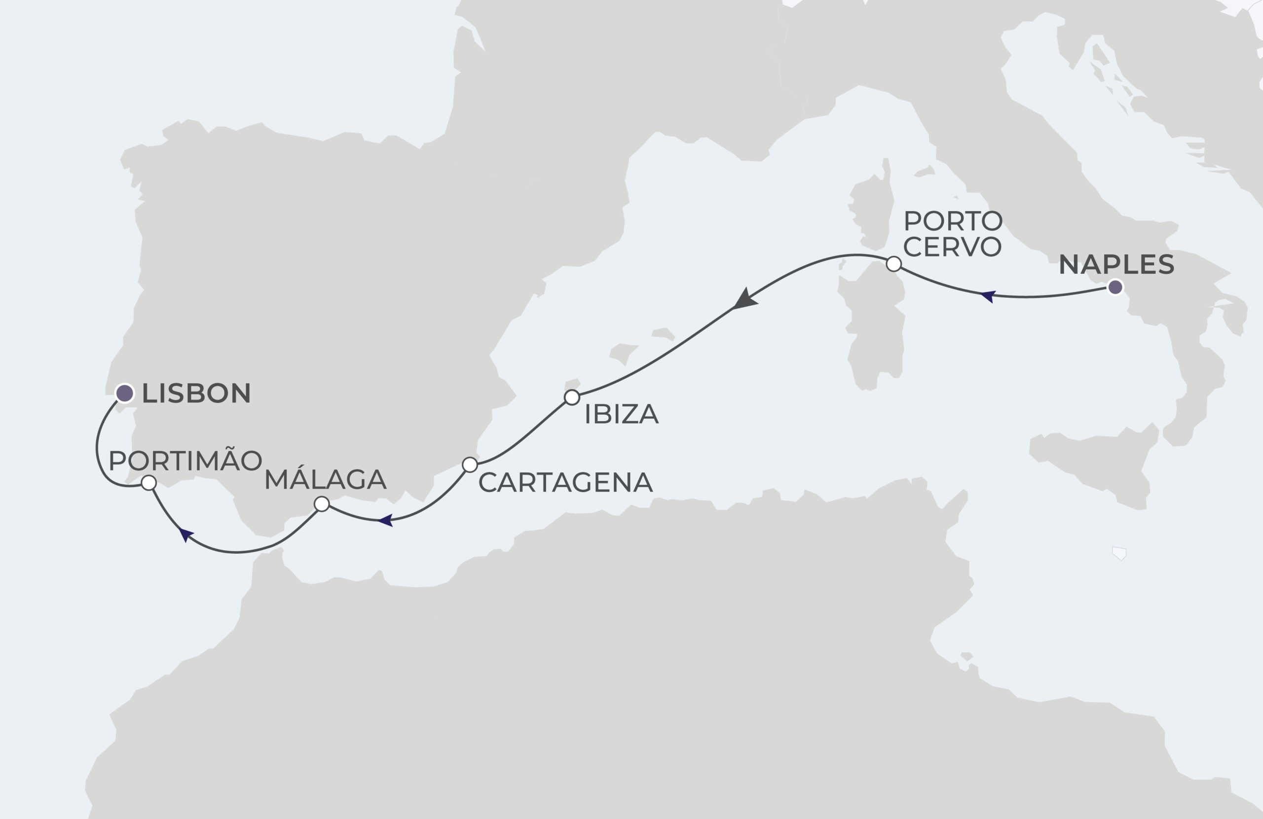 World Traveller Voyage WTR280927 September 27-October 4, 2028 itinerary route map from Naples (Pompeii), Italy to Lisbon, Portugal