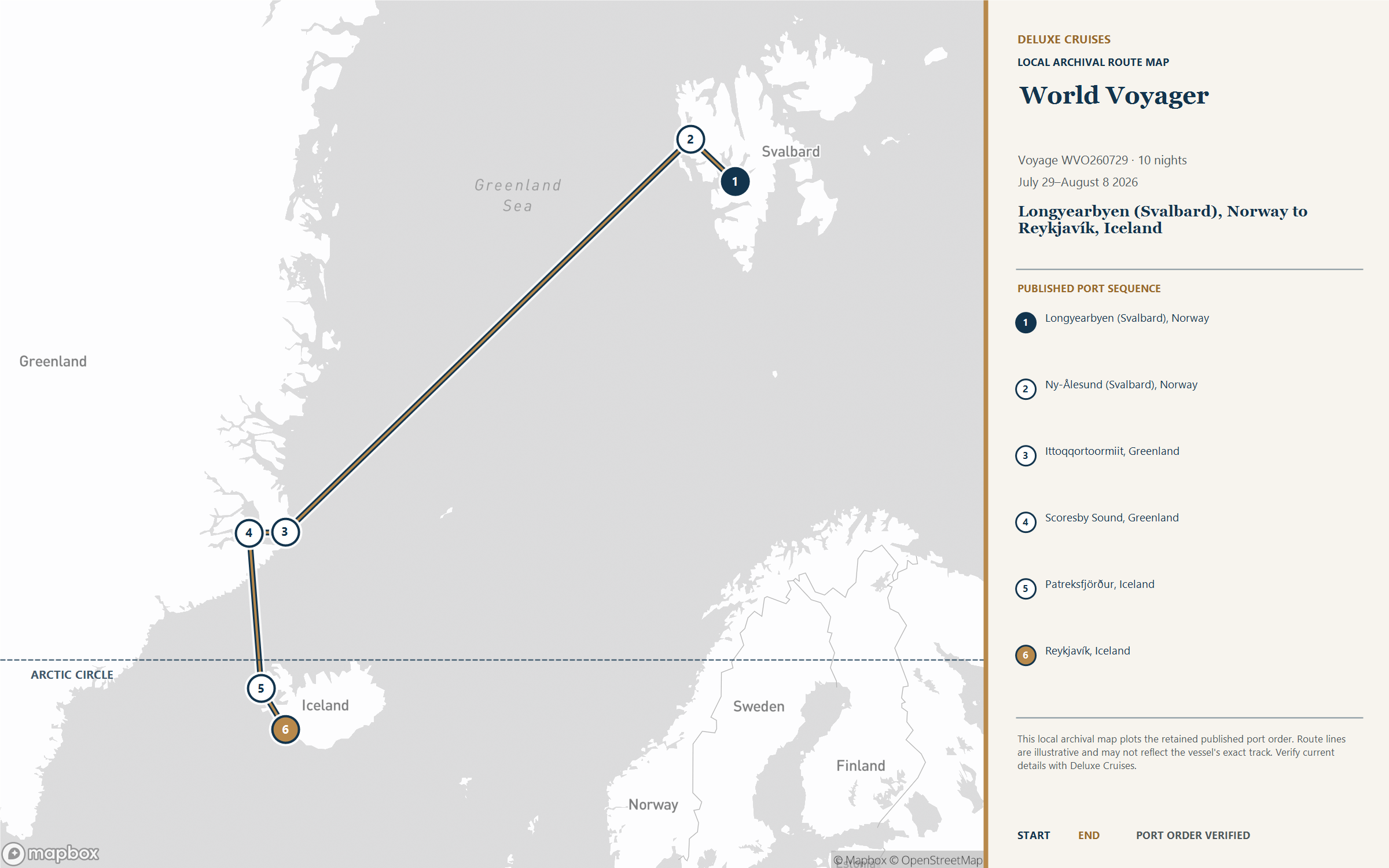 World Voyager Voyage WVO260729 July 29-August 8, 2026 itinerary route map from Longyearbyen (Svalbard), Norway to Reykjavík, Iceland