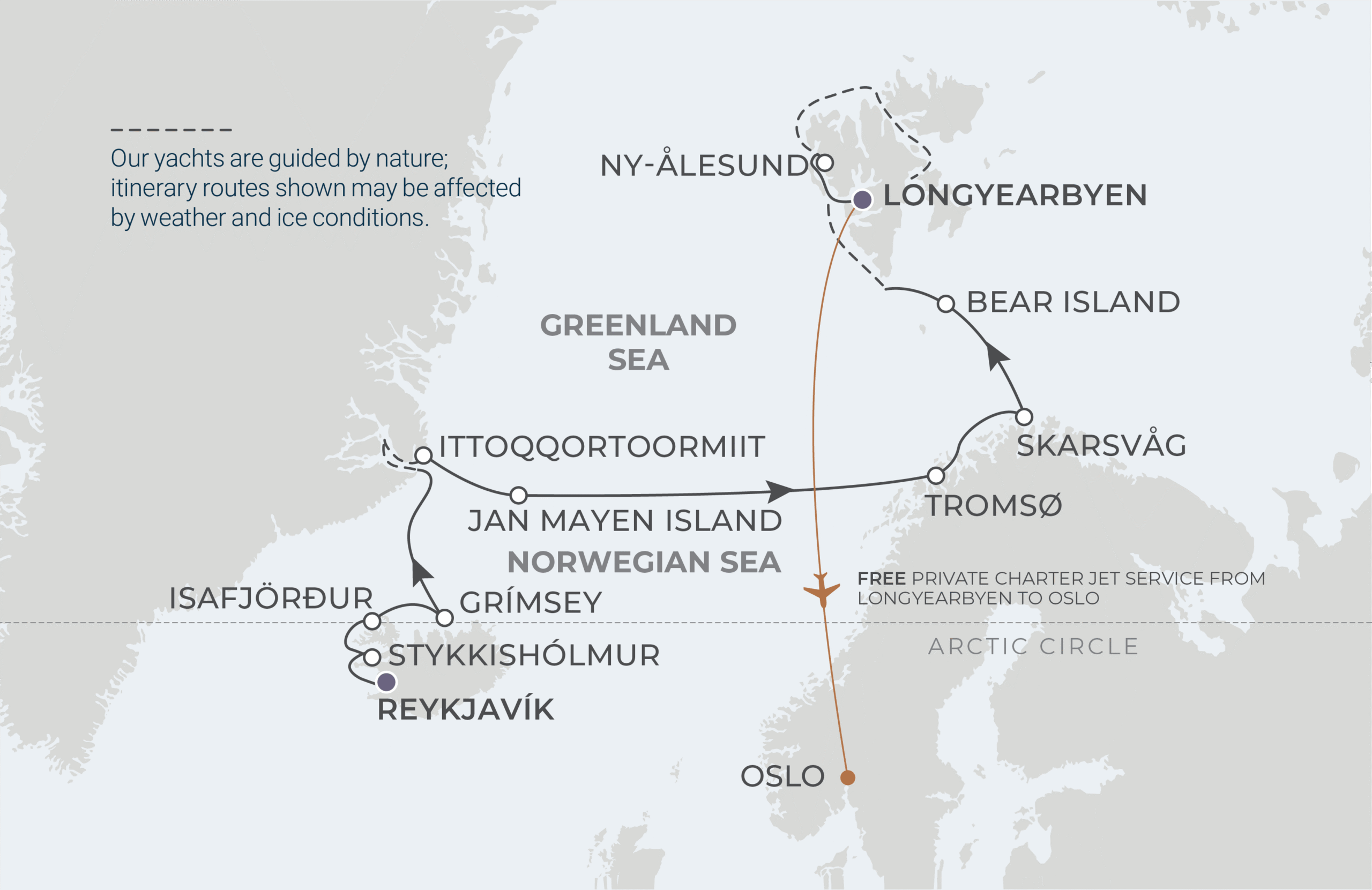 World Voyager Voyage WVO260815 August 15-30, 2026 itinerary route map from Hafnarfjörður (Reykjavík), Iceland to Longyearbyen (Svalbard), Norway